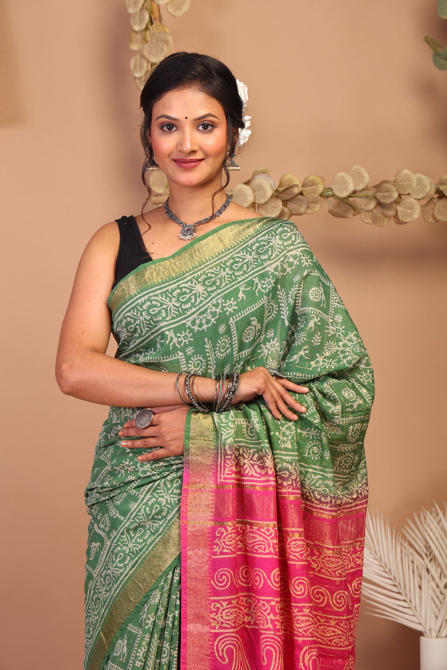 Anuttara Bhagalpuri Green & Pink Cotton Silk Tribal Saree with Unstitched Blouse_AFS1027-FS