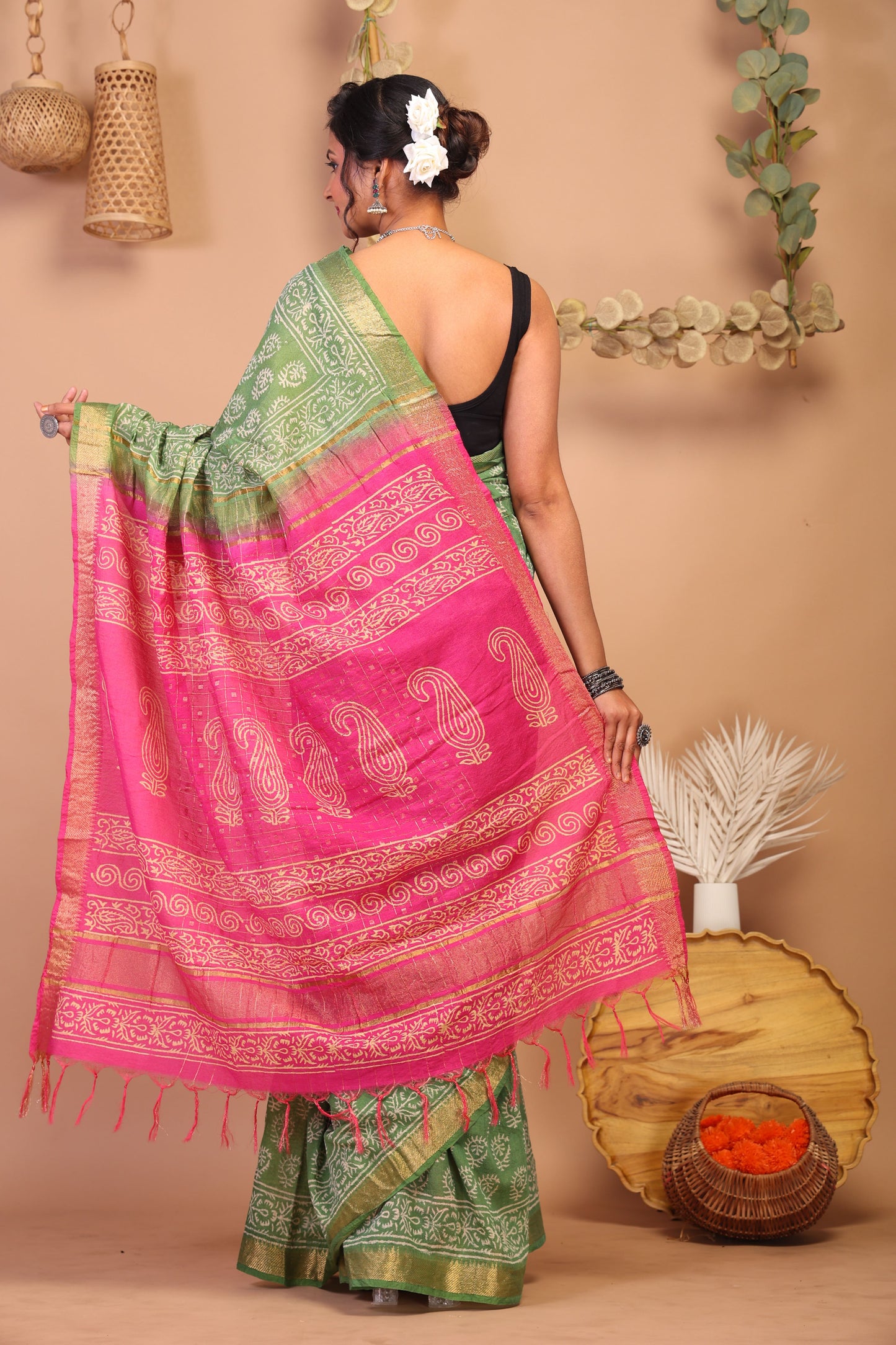 Anuttara Bhagalpuri Green & Pink Cotton Silk Floral Saree with Unstitched Blouse_AFS1031-FS