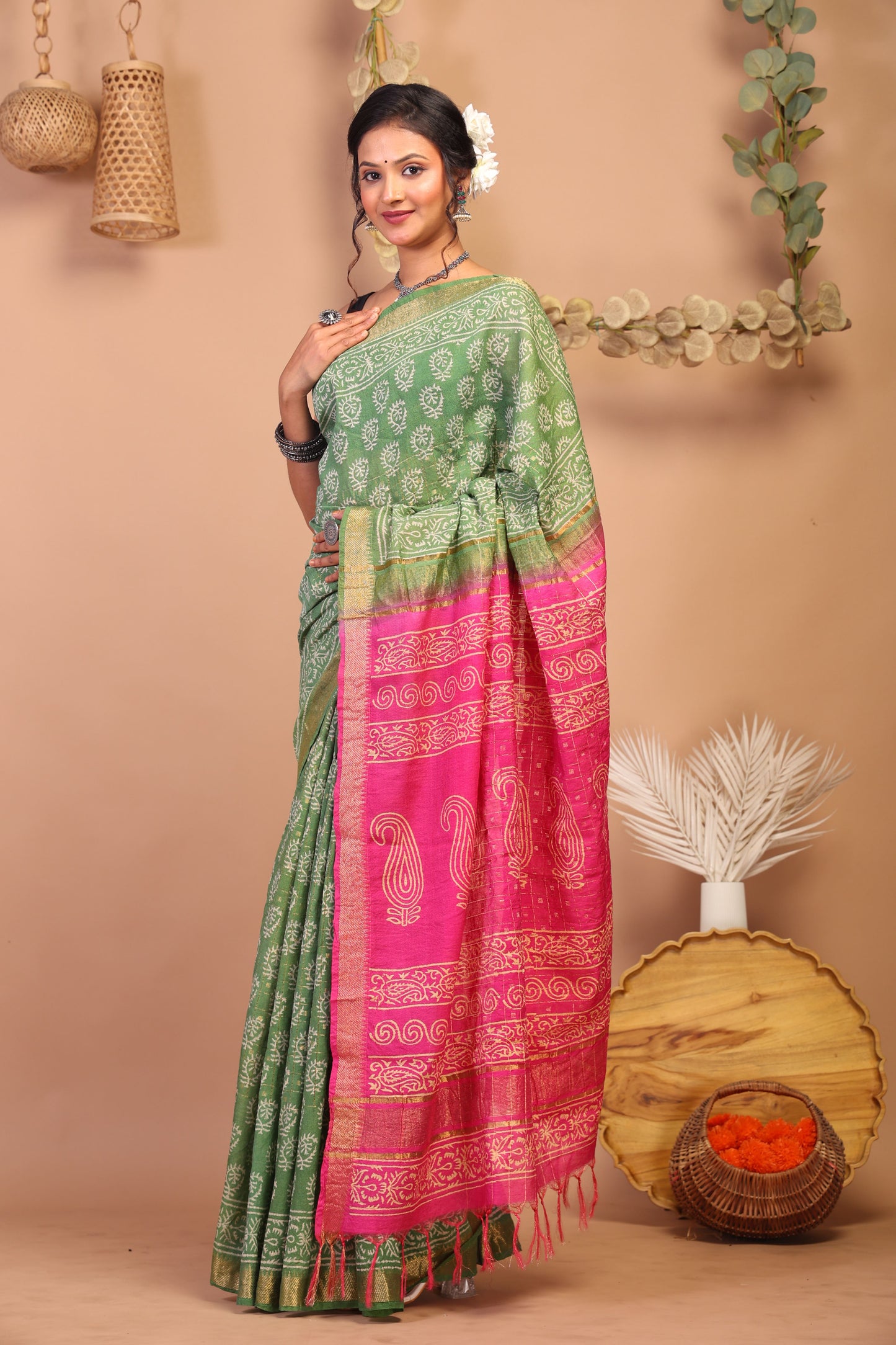 Anuttara Bhagalpuri Green & Pink Cotton Silk Floral Saree with Unstitched Blouse_AFS1031-FS