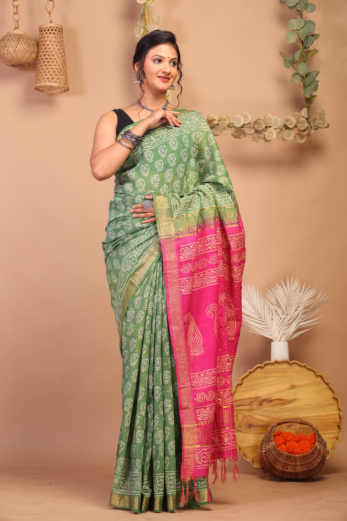 Anuttara Bhagalpuri Green & Pink Cotton Silk Floral Saree with Unstitched Blouse_AFS1031-FS