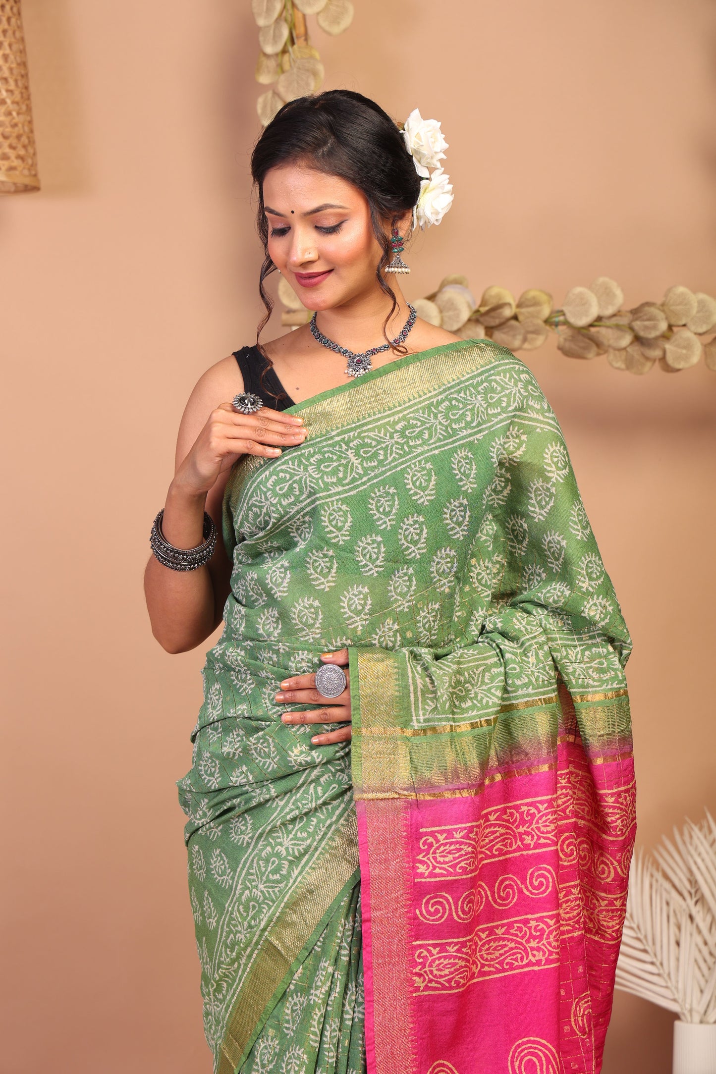 Anuttara Bhagalpuri Green & Pink Cotton Silk Floral Saree with Unstitched Blouse_AFS1031-FS