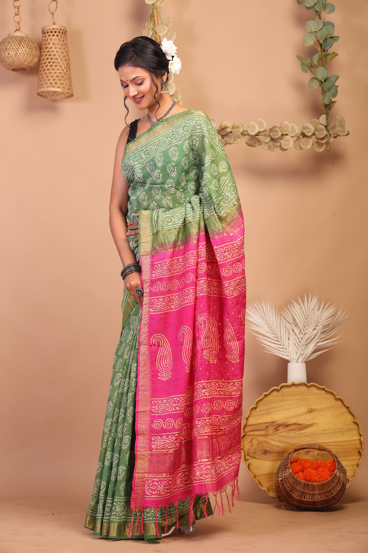 Anuttara Bhagalpuri Green & Pink Cotton Silk Floral Saree with Unstitched Blouse_AFS1031-FS
