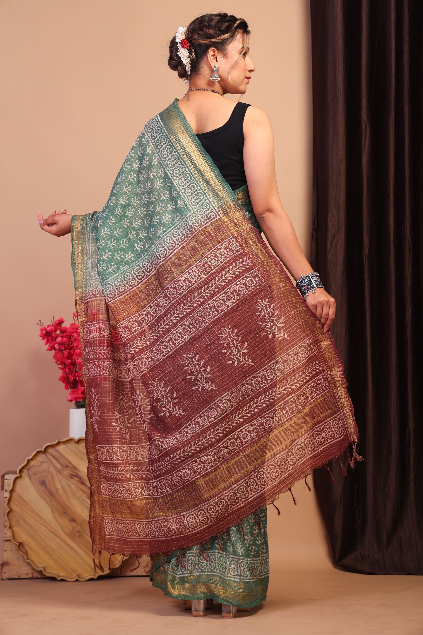 Anuttara Bhagalpuri Green & Brown Cotton Silk Checkered/Floral Saree with Unstitched Blouse_AFS1033-FS