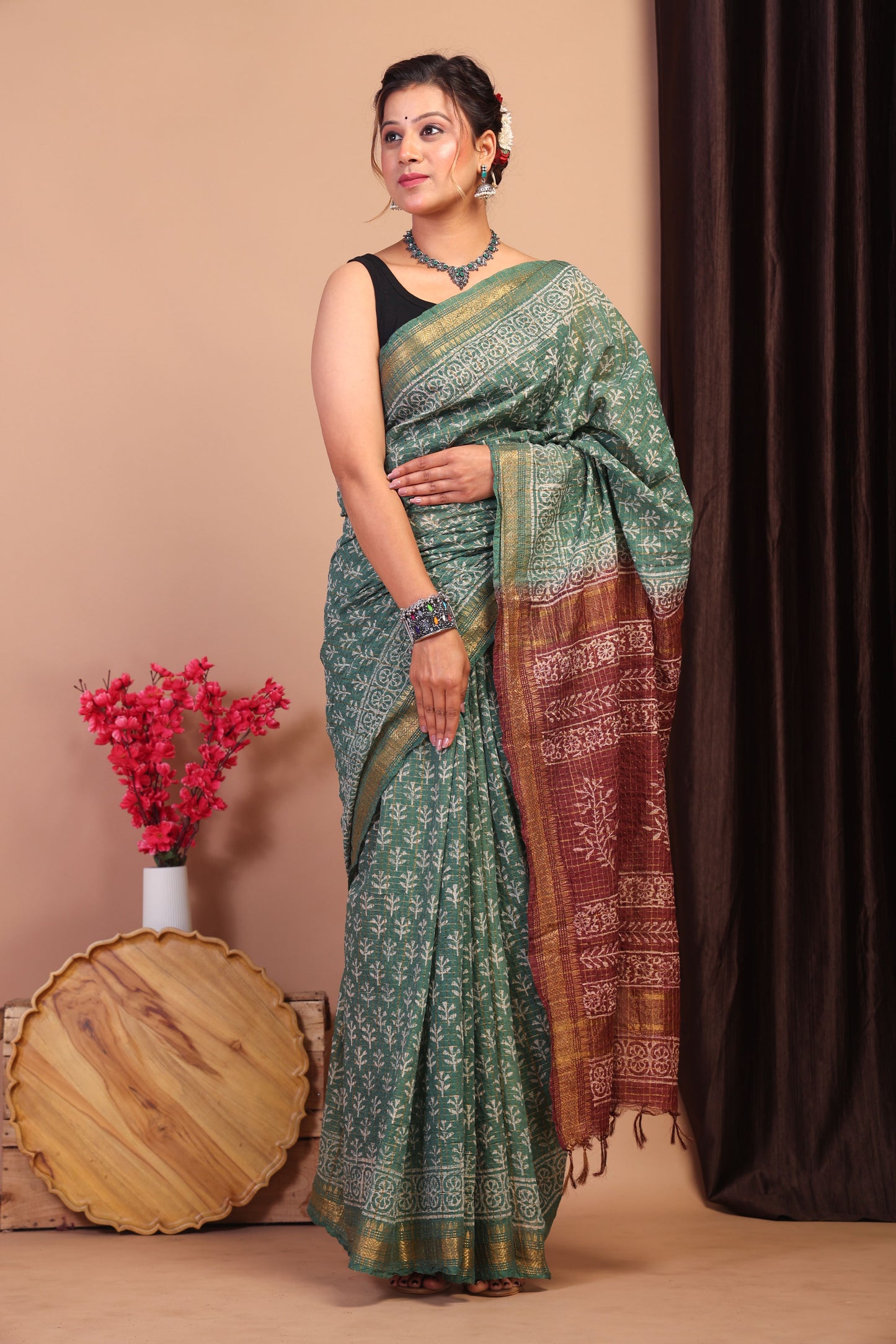 Anuttara Bhagalpuri Green & Brown Cotton Silk Checkered/Floral Saree with Unstitched Blouse_AFS1033-FS