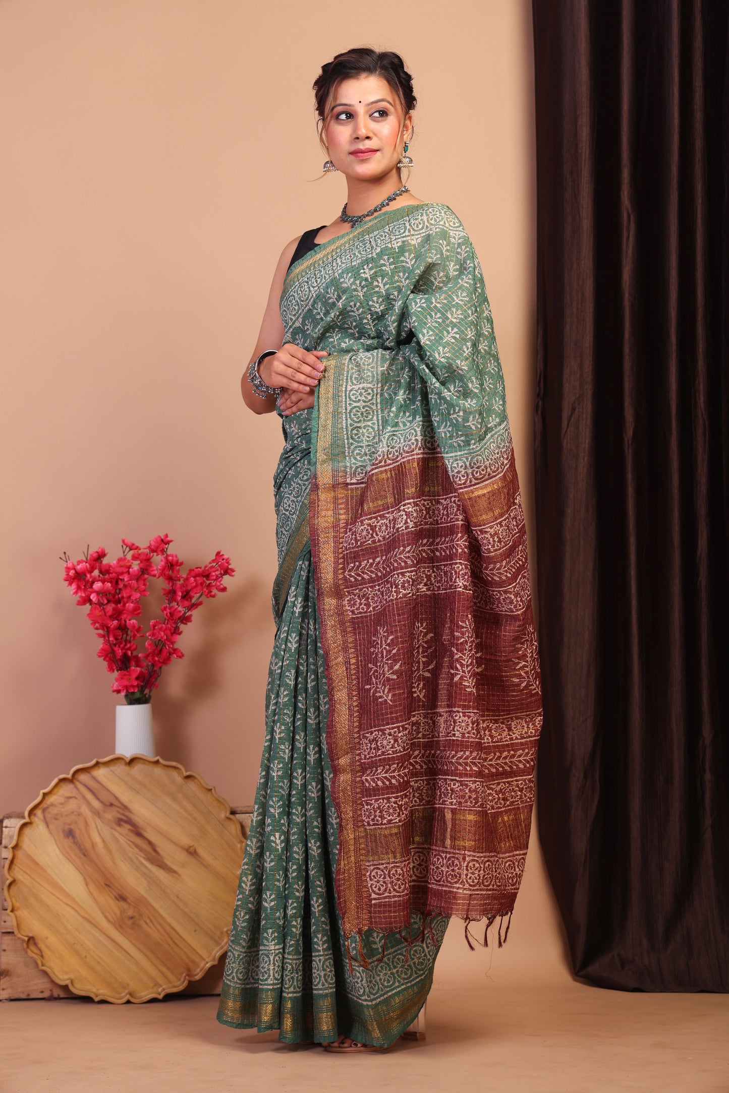 Anuttara Bhagalpuri Green & Brown Cotton Silk Checkered/Floral Saree with Unstitched Blouse_AFS1033-FS