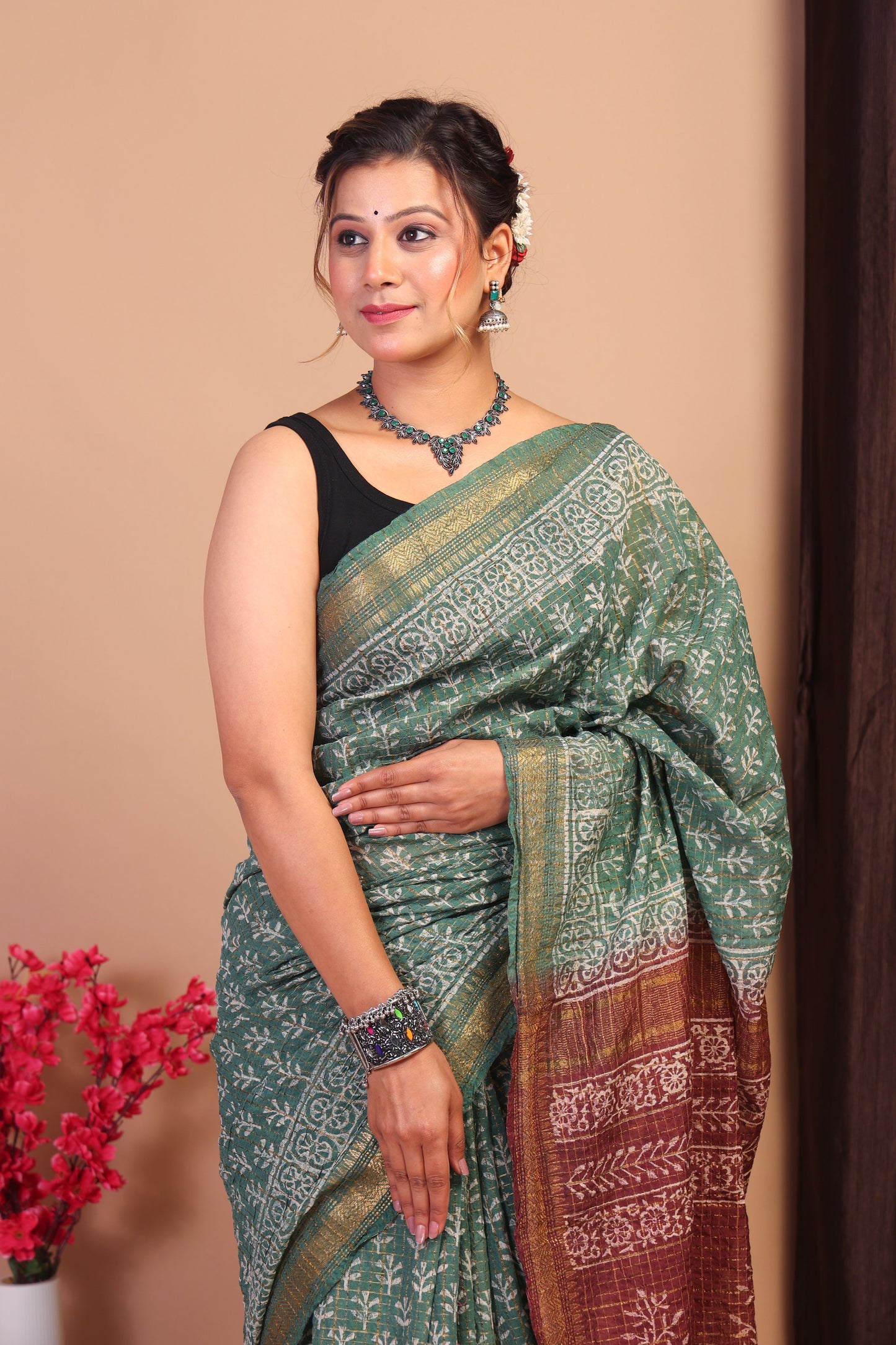 Anuttara Bhagalpuri Green & Brown Cotton Silk Checkered/Floral Saree with Unstitched Blouse_AFS1033-FS