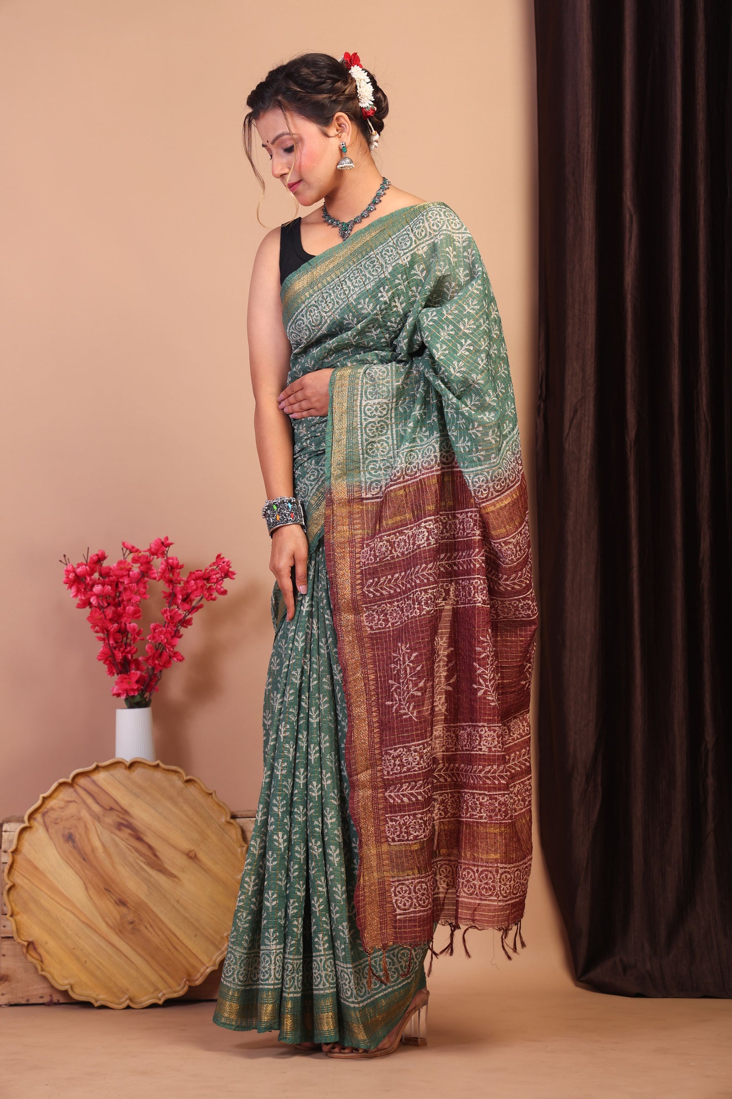Anuttara Bhagalpuri Green & Brown Cotton Silk Checkered/Floral Saree with Unstitched Blouse_AFS1033-FS