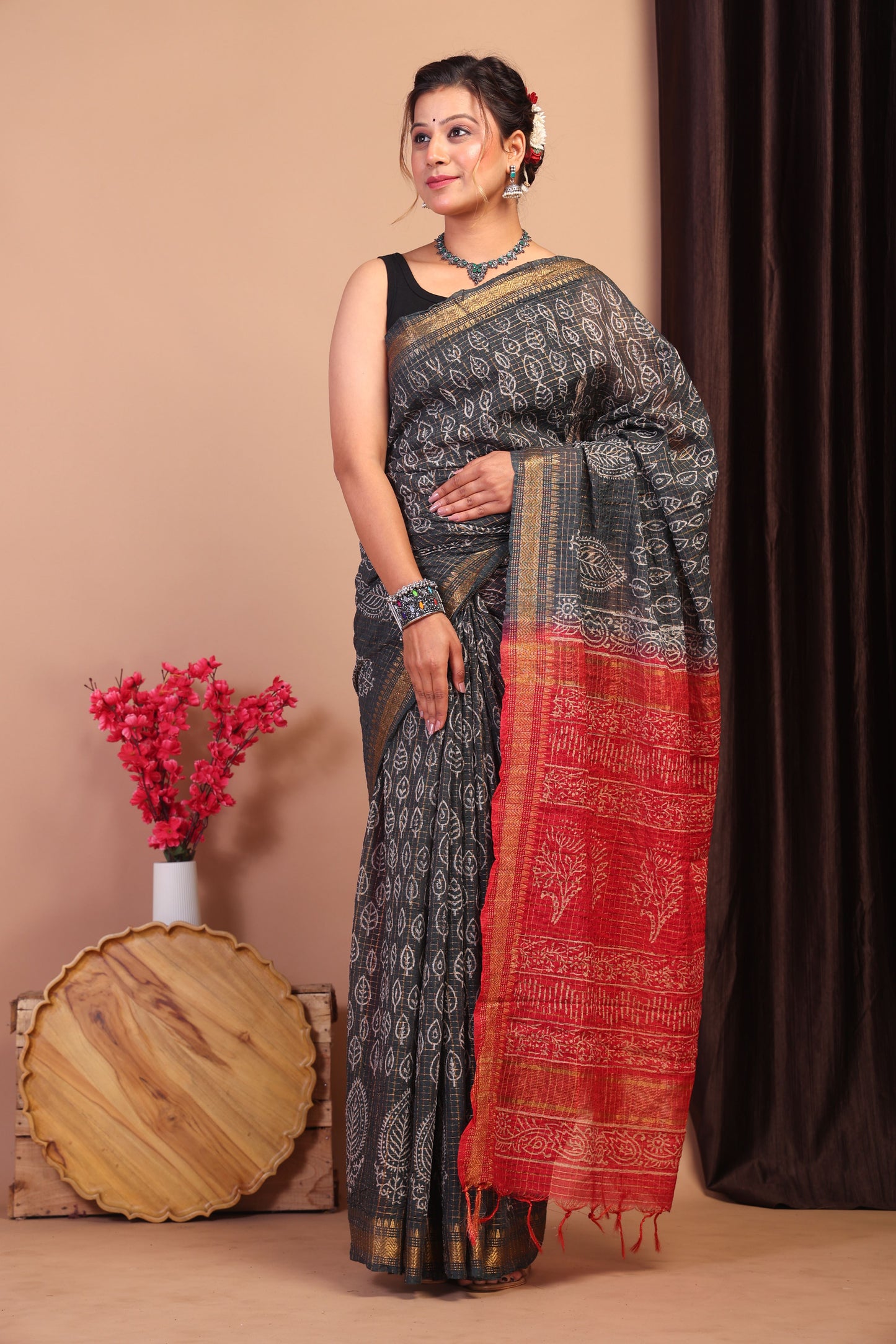 Anuttara Bhagalpuri Black & Red Cotton Silk Checkered/Floral Saree with Unstitched Blouse_AFS1036-FS