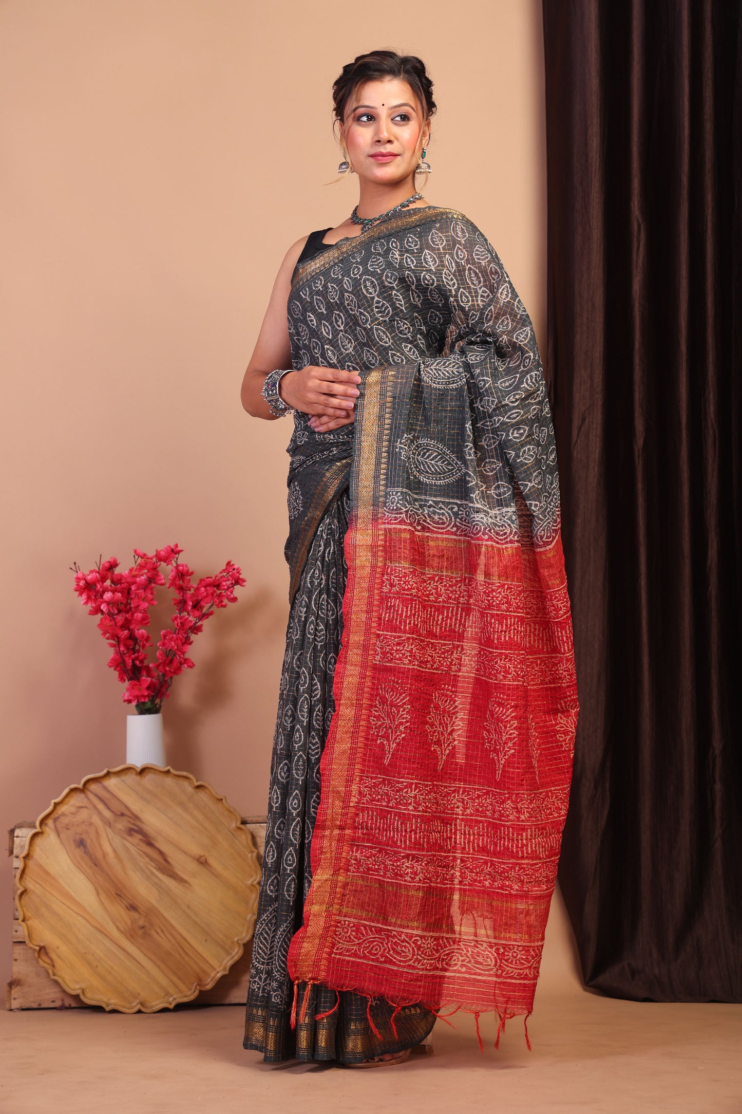 Anuttara Bhagalpuri Black & Red Cotton Silk Checkered/Floral Saree with Unstitched Blouse_AFS1036-FS