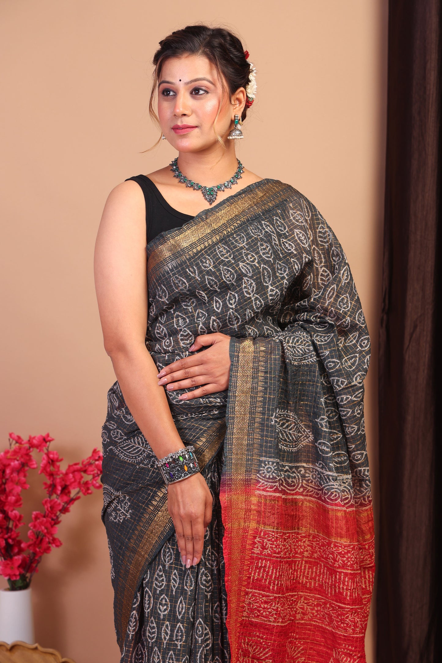 Anuttara Bhagalpuri Black & Red Cotton Silk Checkered/Floral Saree with Unstitched Blouse_AFS1036-FS