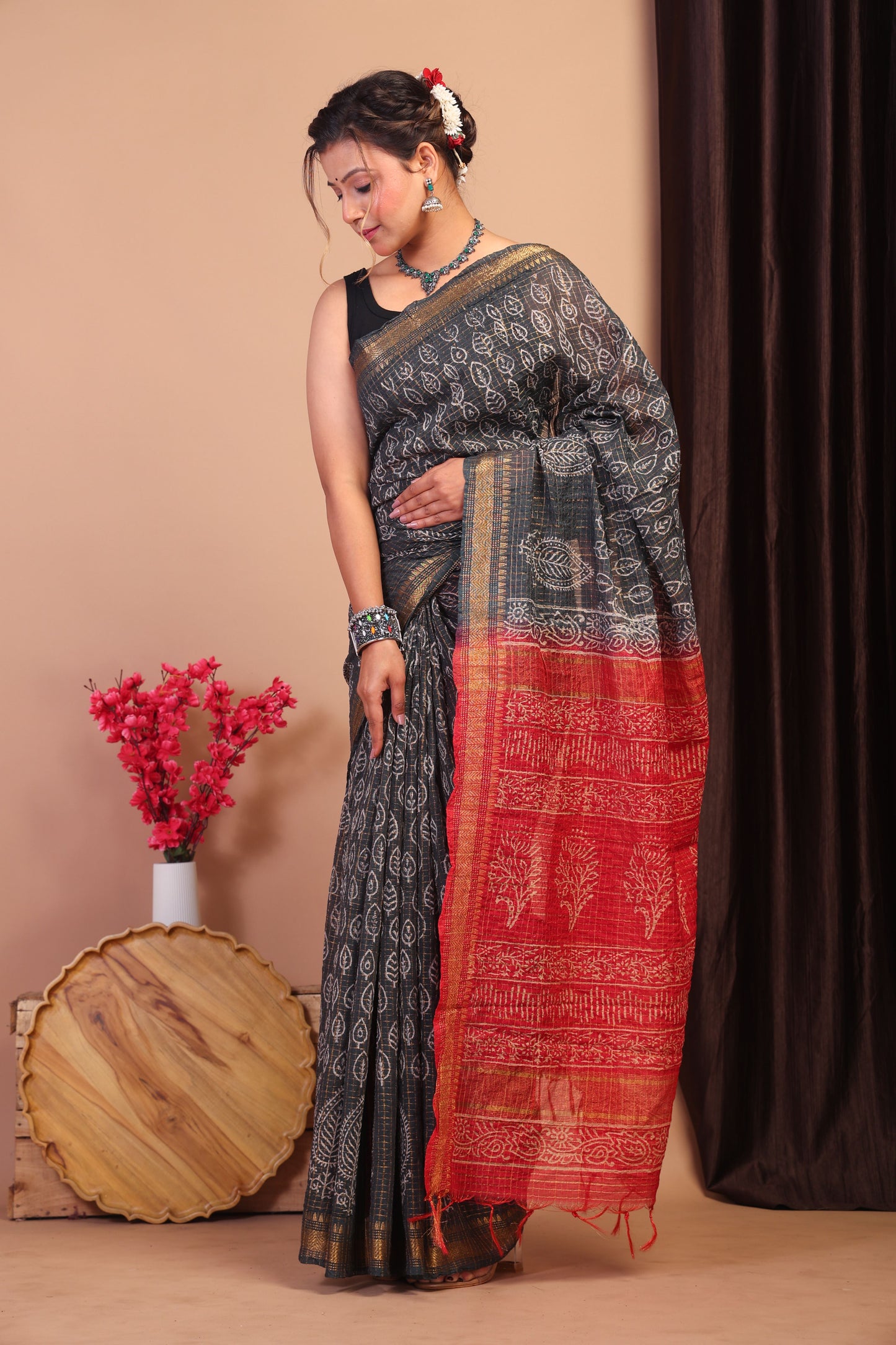 Anuttara Bhagalpuri Black & Red Cotton Silk Checkered/Floral Saree with Unstitched Blouse_AFS1036-FS