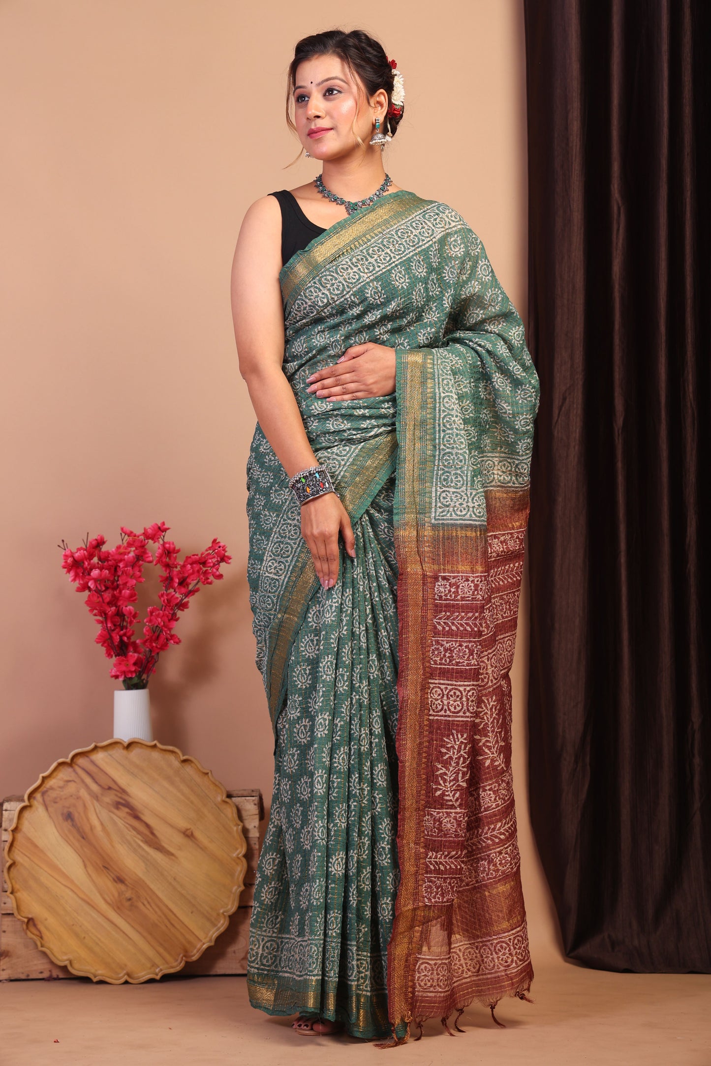 Anuttara Bhagalpuri Green & Brown Cotton Silk Tribal/Checkered Saree with Unstitched Blouse_AFS1040-FS