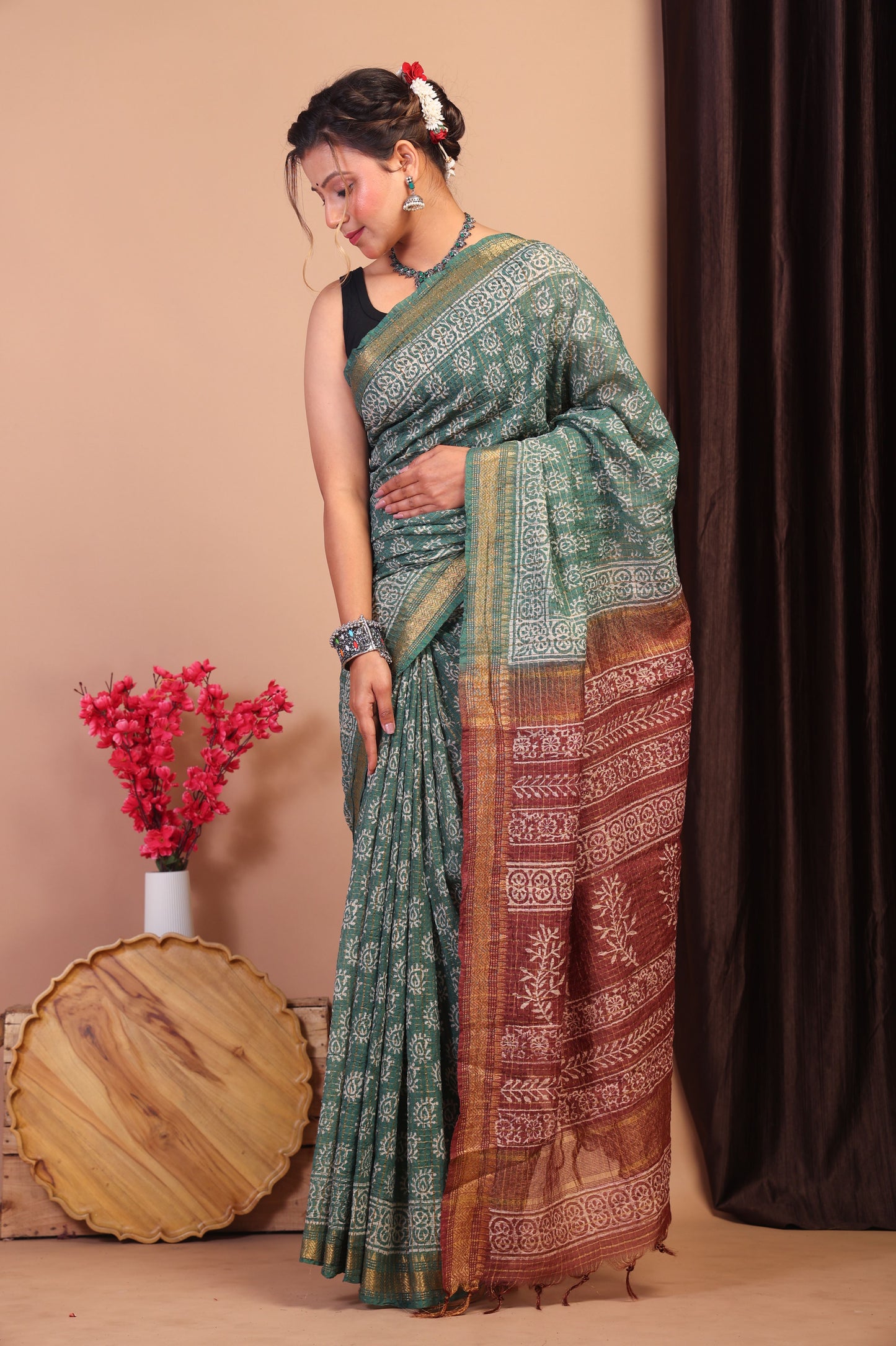 Anuttara Bhagalpuri Green & Brown Cotton Silk Tribal/Checkered Saree with Unstitched Blouse_AFS1040-FS