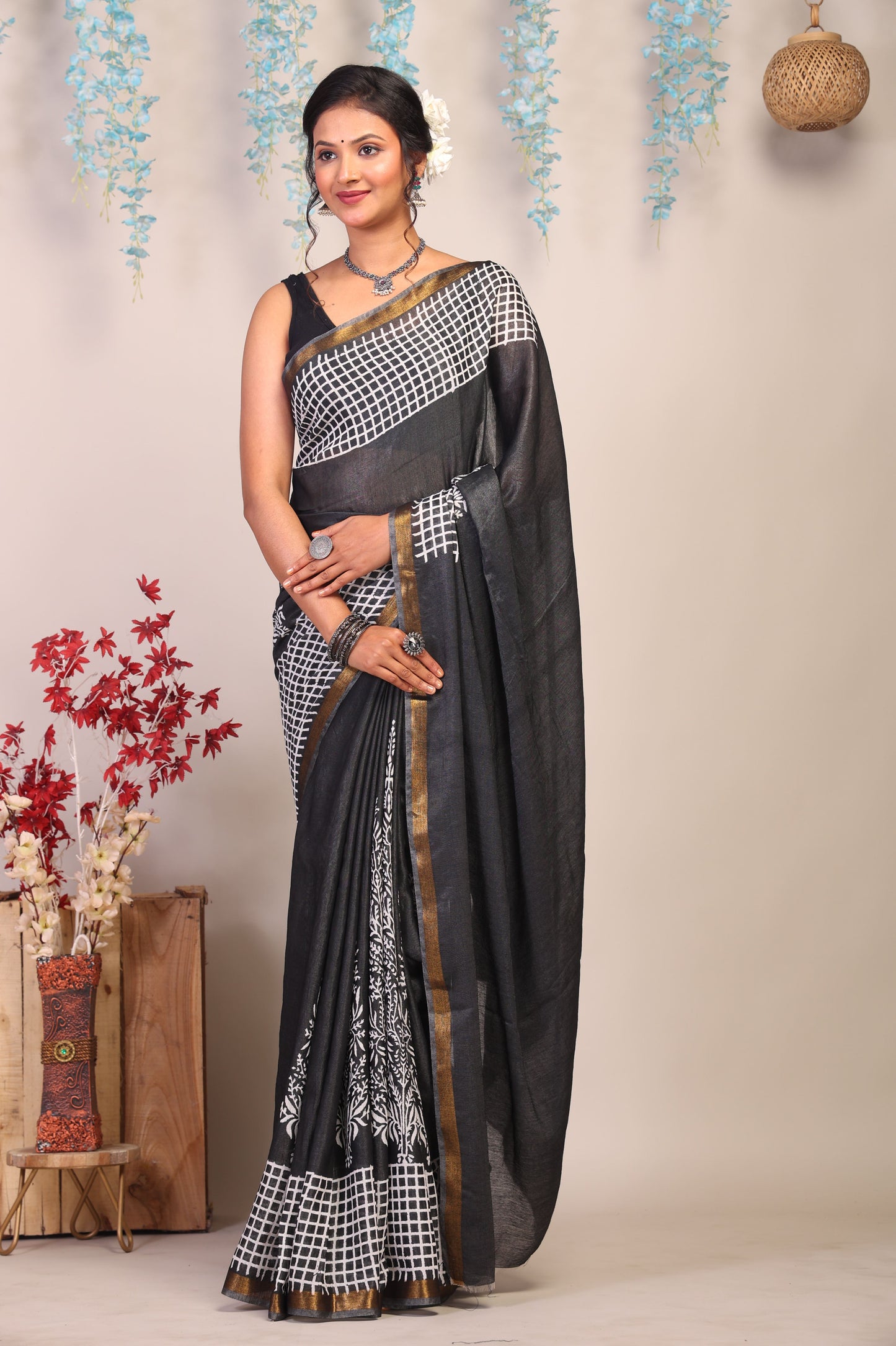 Anuttara Bhagalpuri Black & White Cotton Silk Checkered/Floral Saree with Unstitched Blouse_AFS1043-FS