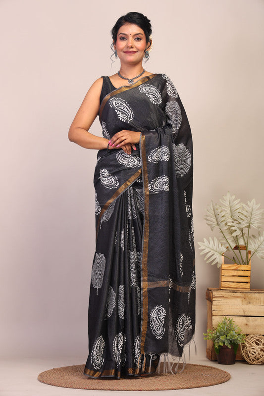 Anuttara Bhagalpuri Black & White Cotton Silk Paisley/Floral Saree with Unstitched Blouse_AFS1047-FS