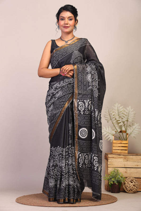 Anuttara Bhagalpuri Black & White Cotton Silk Budha Print/Floral Saree with Unstitched Blouse_AFS1048-FS