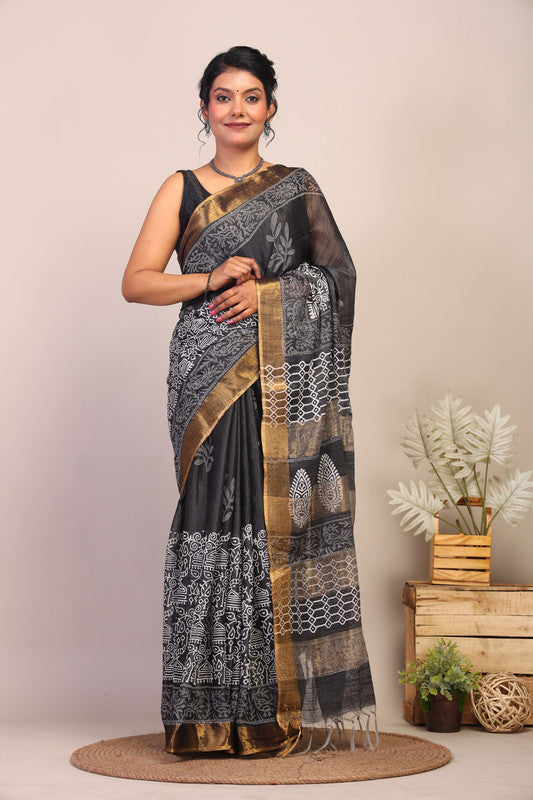 Anuttara Bhagalpuri Black & White Cotton Silk Floral/Tribal Saree with Unstitched Blouse_AFS1052-FS