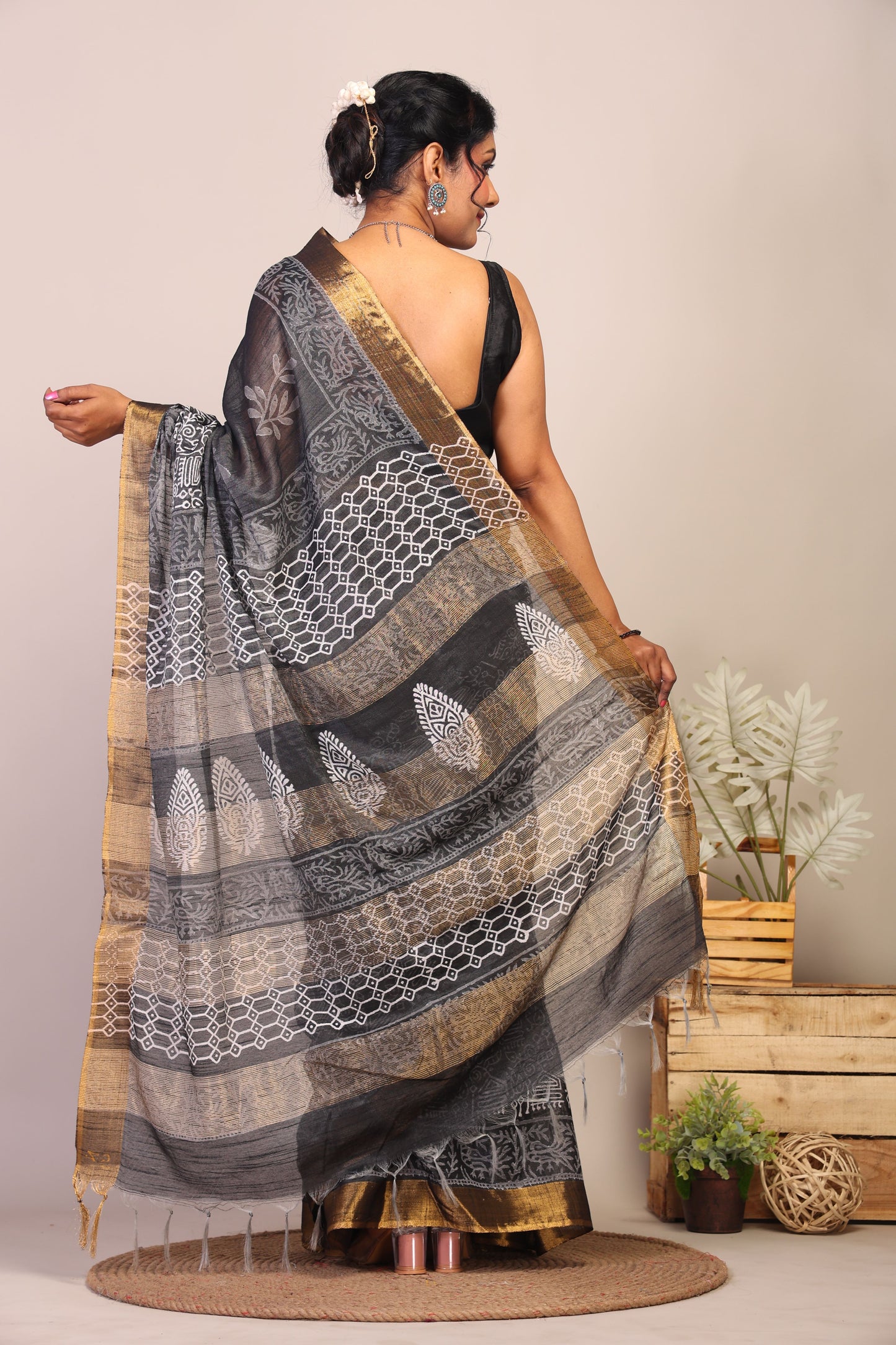 Anuttara Bhagalpuri Black & White Cotton Silk Floral/Tribal Saree with Unstitched Blouse_AFS1052-FS