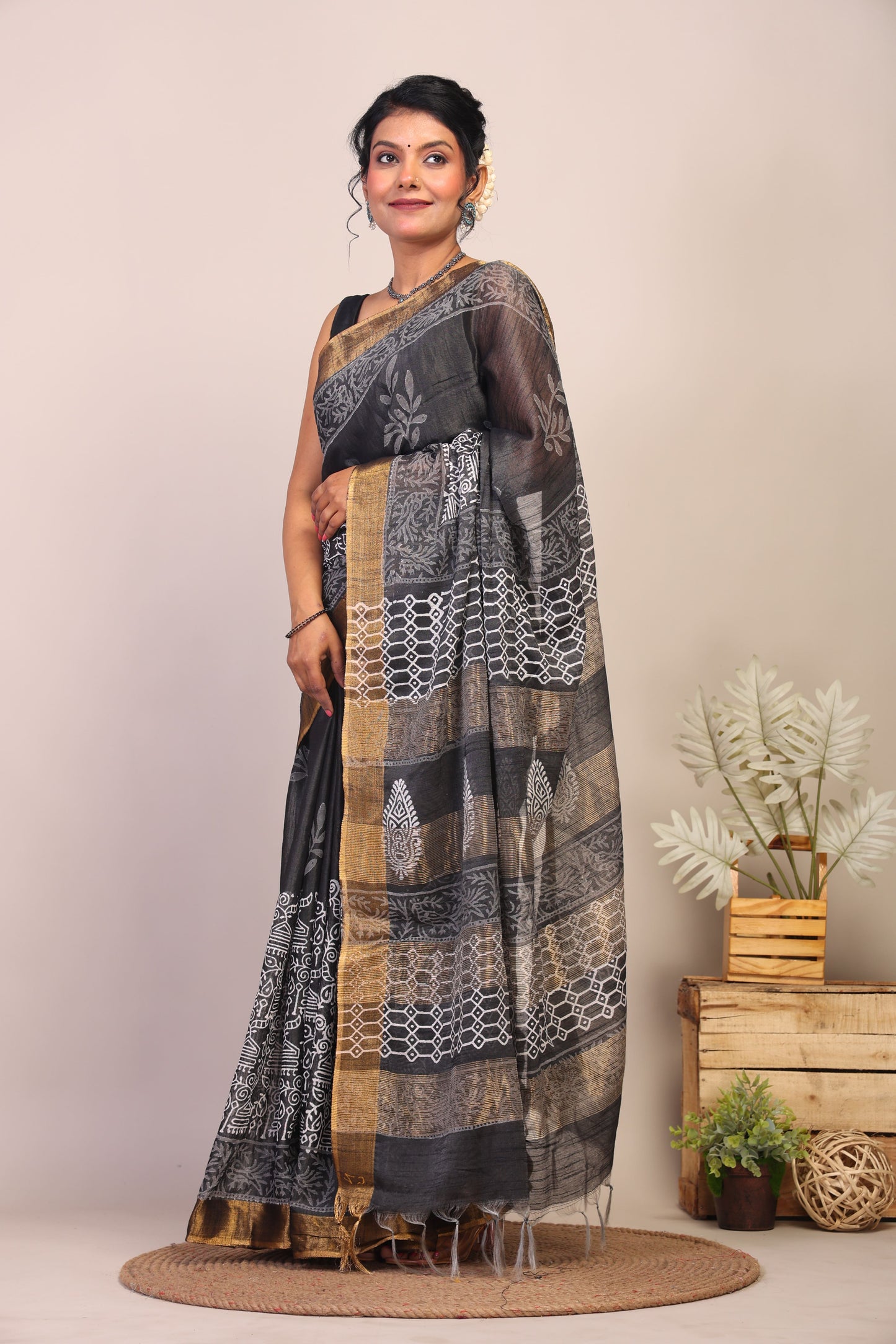 Anuttara Bhagalpuri Black & White Cotton Silk Floral/Tribal Saree with Unstitched Blouse_AFS1052-FS
