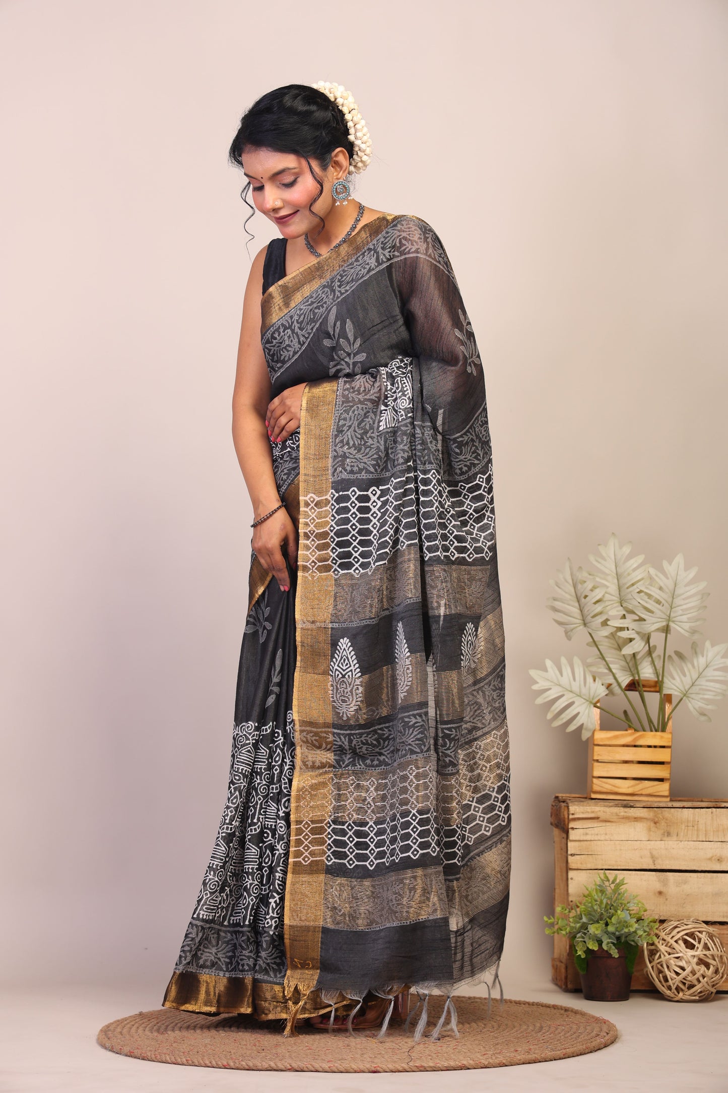 Anuttara Bhagalpuri Black & White Cotton Silk Floral/Tribal Saree with Unstitched Blouse_AFS1052-FS