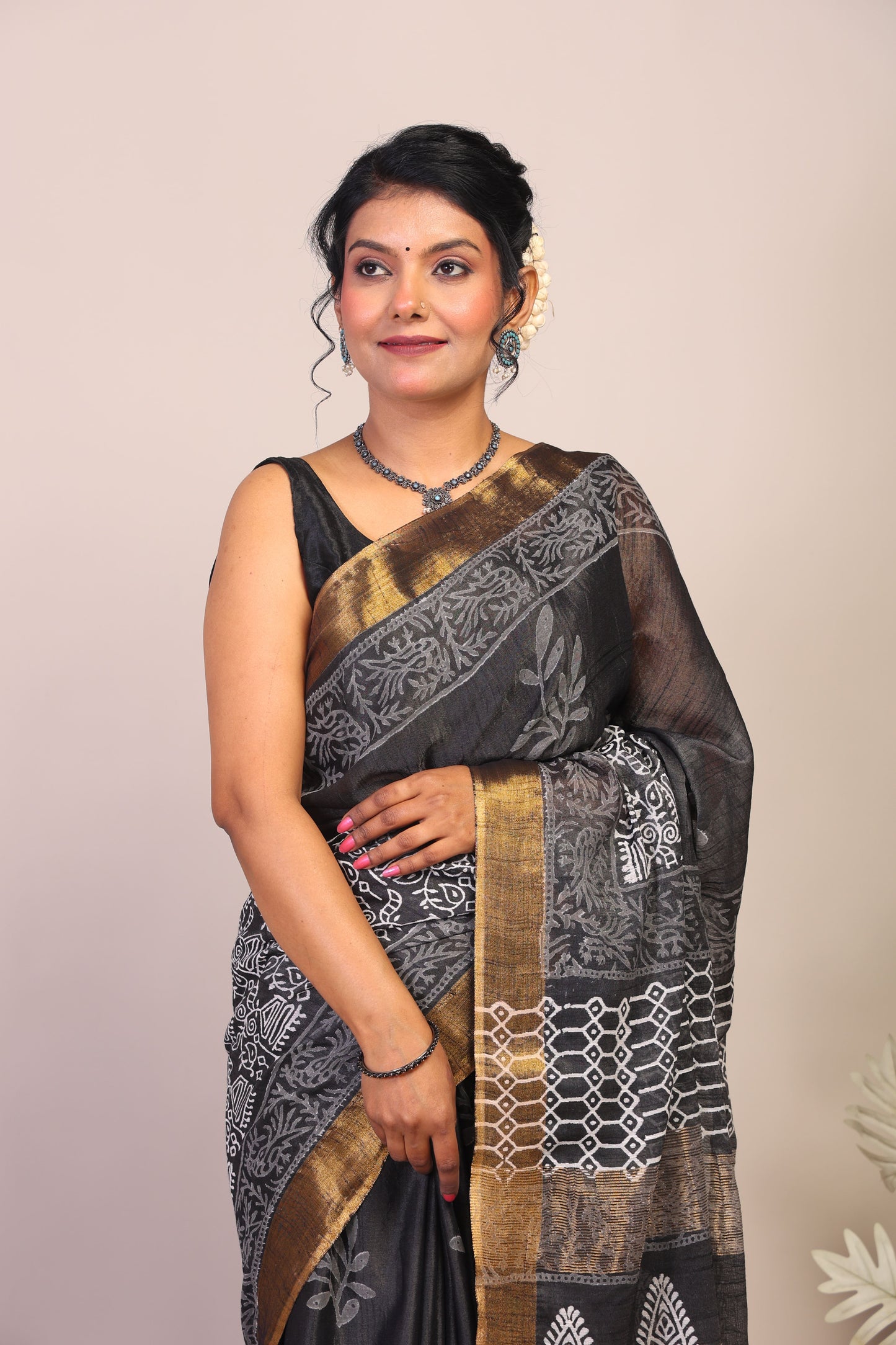 Anuttara Bhagalpuri Black & White Cotton Silk Floral/Tribal Saree with Unstitched Blouse_AFS1052-FS
