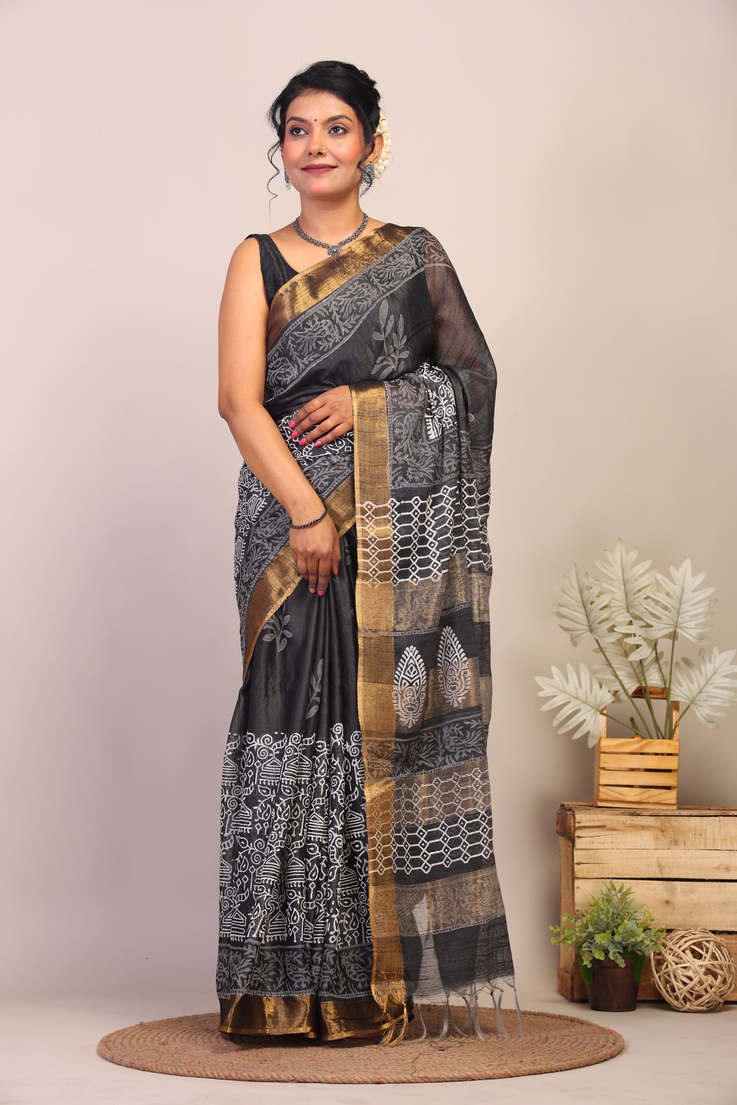 Anuttara Bhagalpuri Black & White Cotton Silk Floral/Tribal Saree with Unstitched Blouse_AFS1052-FS