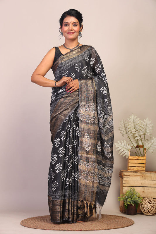 Anuttara Bhagalpuri Black & White Cotton Silk Paisley/Floral Saree with Unstitched Blouse_AFS1054-FS