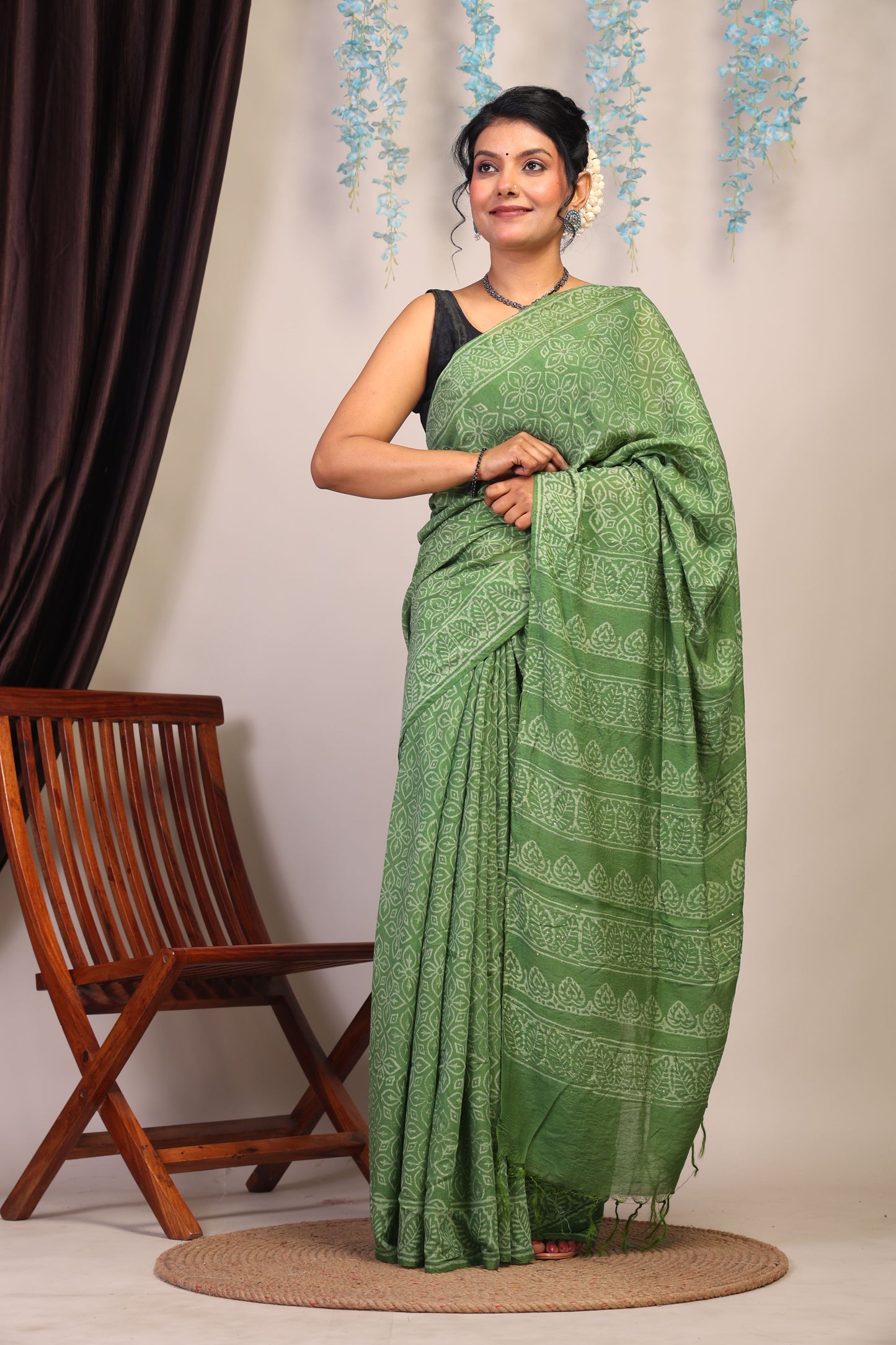 Anuttara Bhagalpuri Green Cotton Silk Floral Saree with Unstitched Blouse_AFS1073-FS