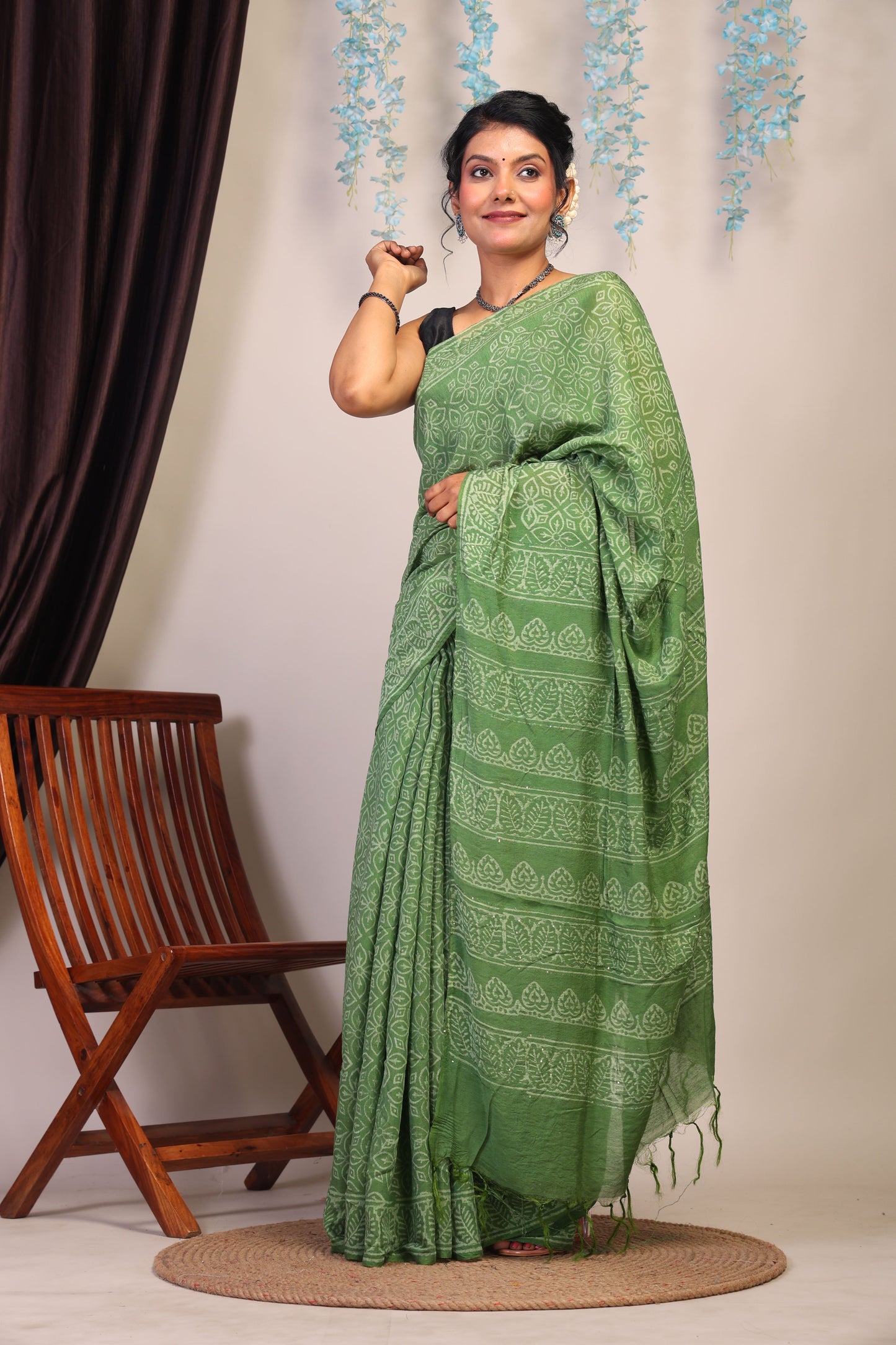 Anuttara Bhagalpuri Green Cotton Silk Floral Saree with Unstitched Blouse_AFS1073-FS
