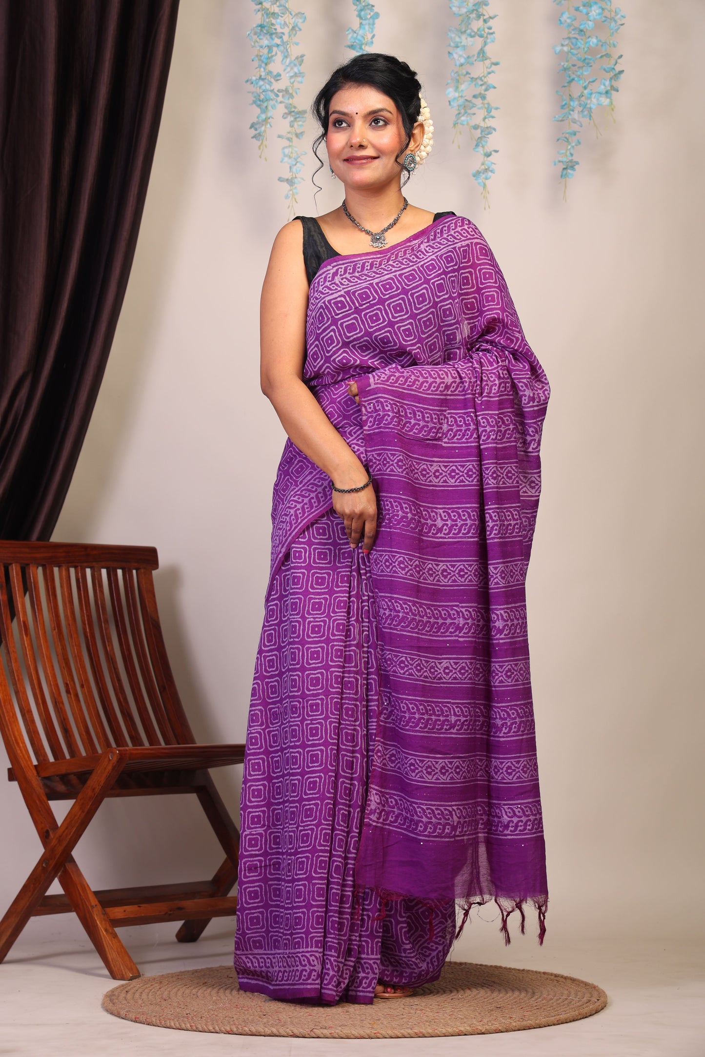 Anuttara Bhagalpuri Purple Cotton Silk Geometric Saree with Unstitched Blouse_AFS1074-FS