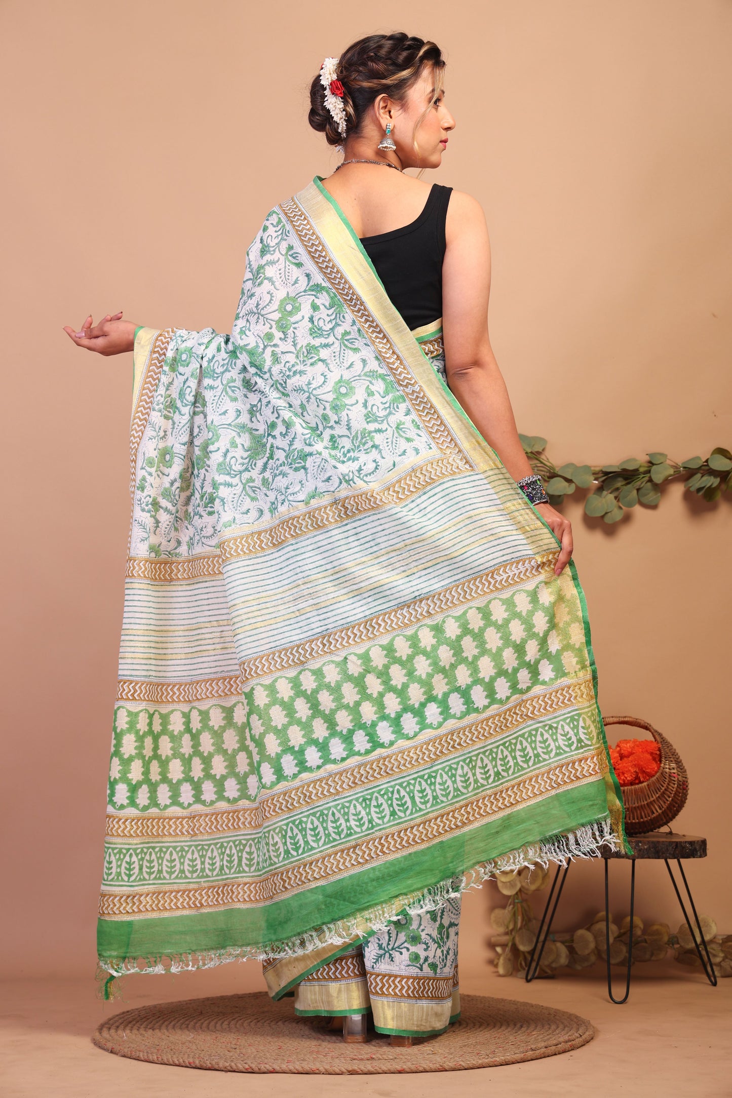 Anuttara Bhagalpuri Green Cotton Linen Hand Block Saree with Blouse_AFS1079-FS