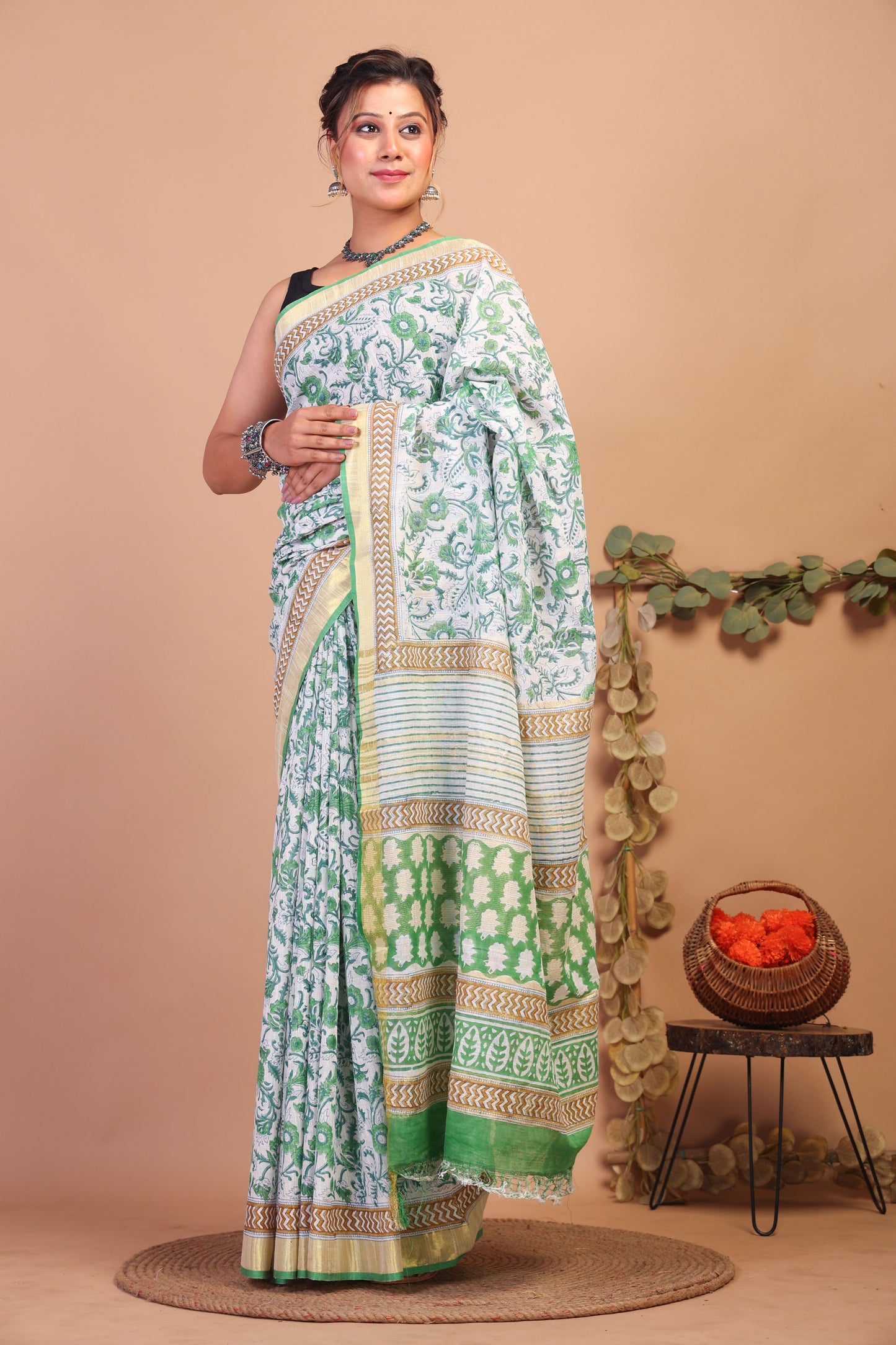 Anuttara Bhagalpuri Green Cotton Linen Hand Block Saree with Blouse_AFS1079-FS