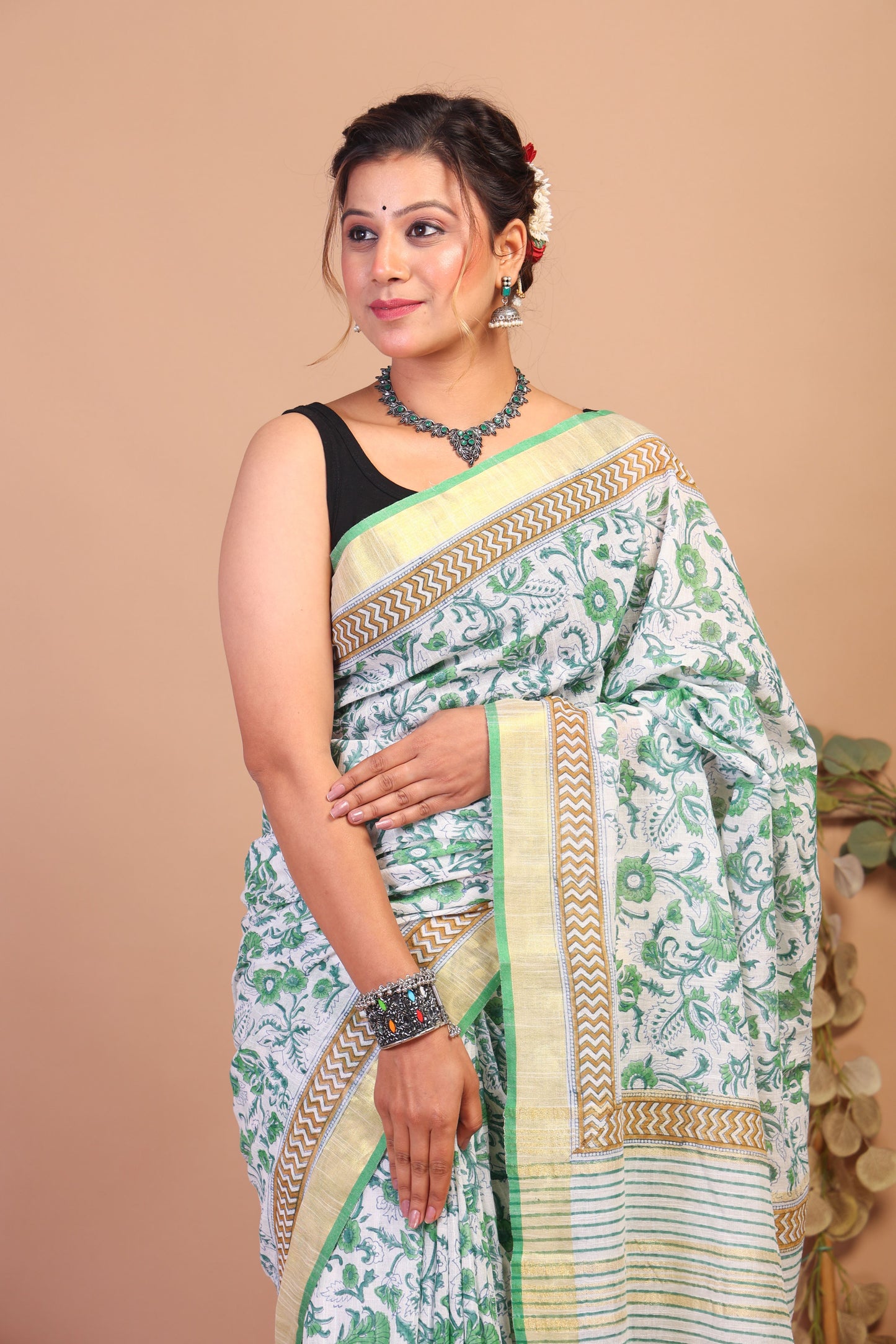 Anuttara Bhagalpuri Green Cotton Linen Hand Block Saree with Blouse_AFS1079-FS