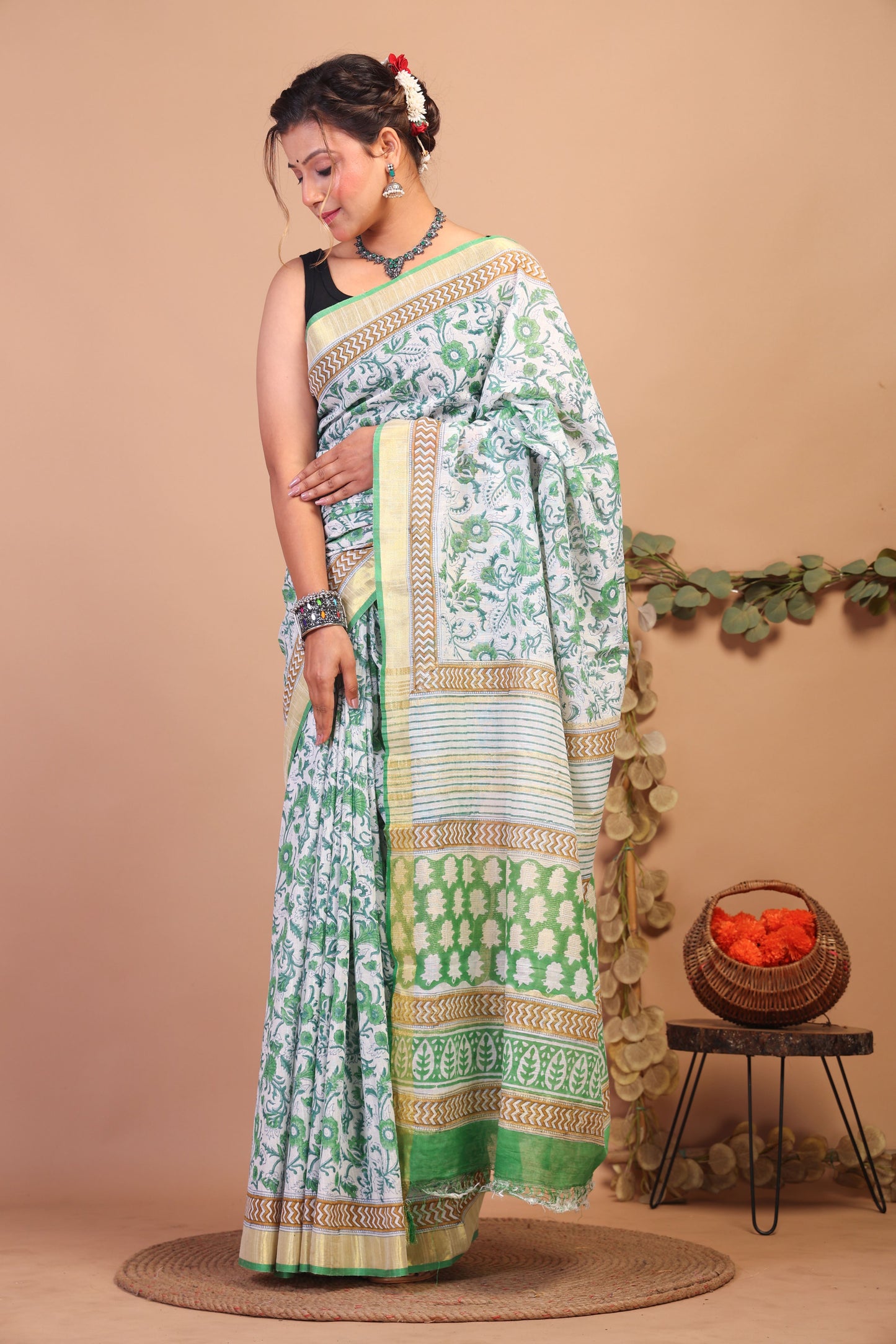 Anuttara Bhagalpuri Green Cotton Linen Hand Block Saree with Blouse_AFS1079-FS
