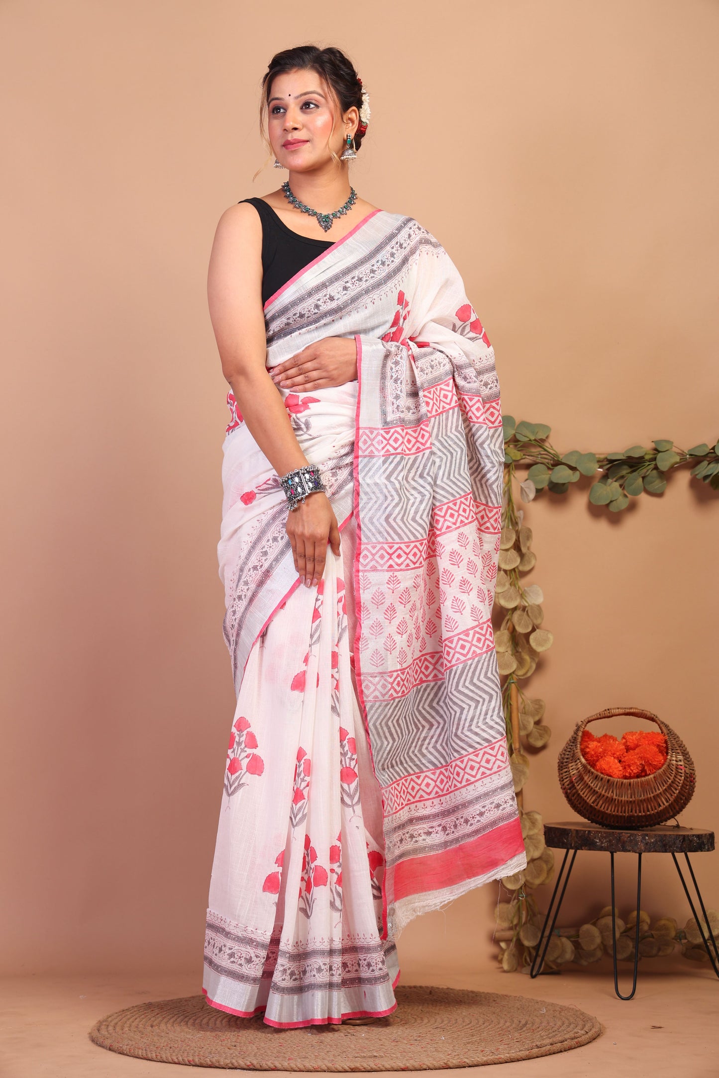 Anuttara Bhagalpuri White:Pink Cotton Linen Hand Block Saree with Blouse_AFS1082-FS