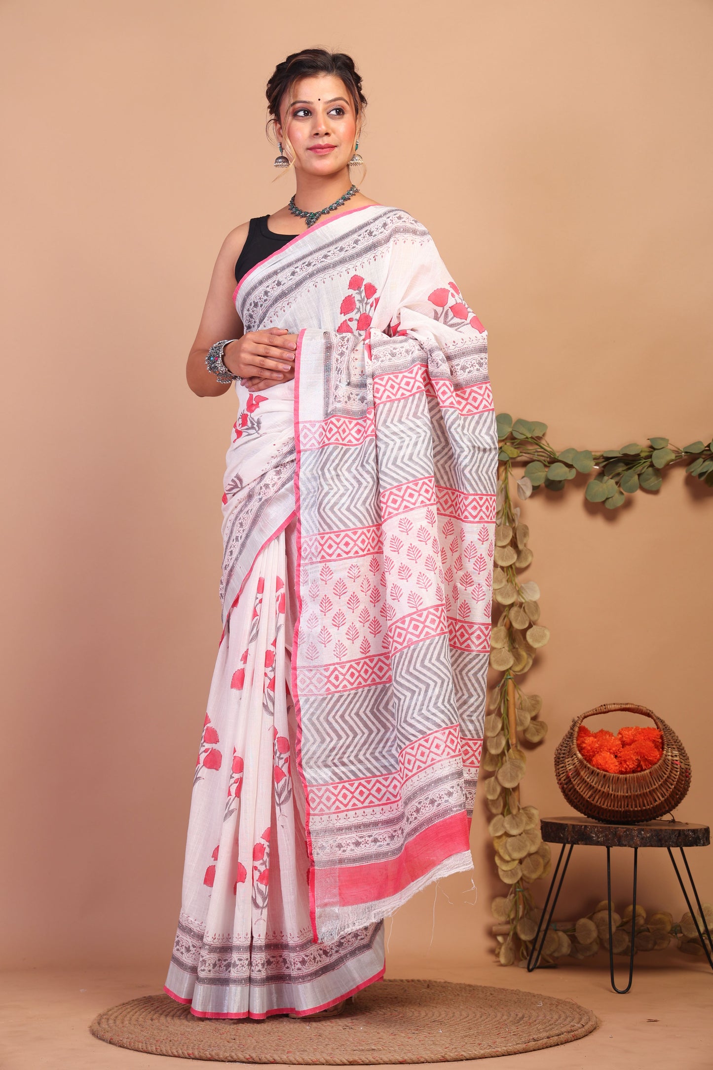 Anuttara Bhagalpuri White:Pink Cotton Linen Hand Block Saree with Blouse_AFS1082-FS