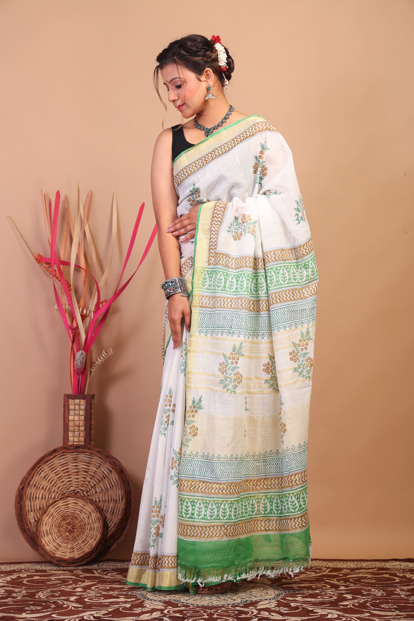 Anuttara Bhagalpuri White Cotton Linen Hand Block Saree with Blouse_AFS1083-FS