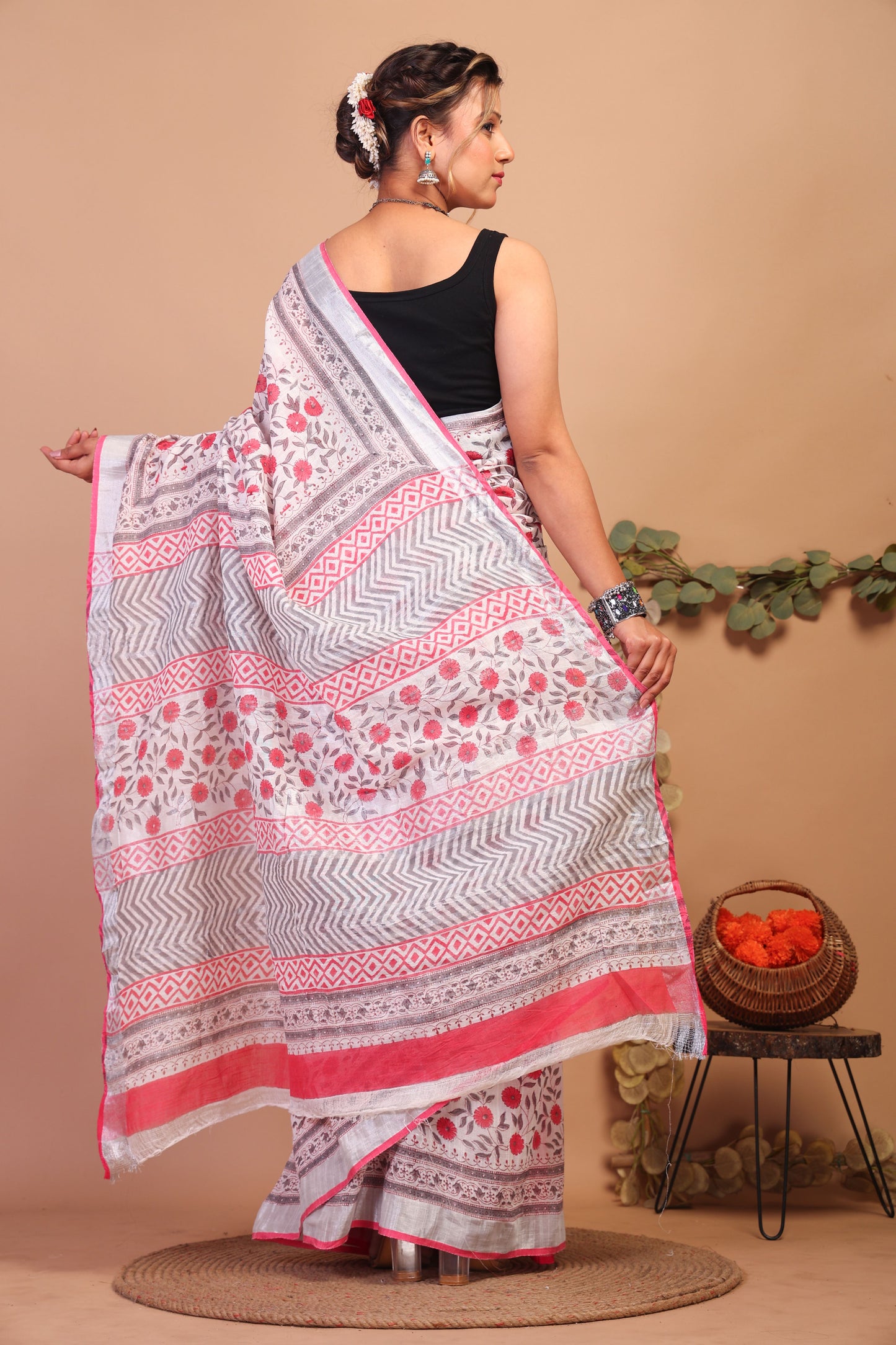 Anuttara Bhagalpuri Multicolor Cotton Linen Hand Block Saree with Blouse_AFS1084-FS