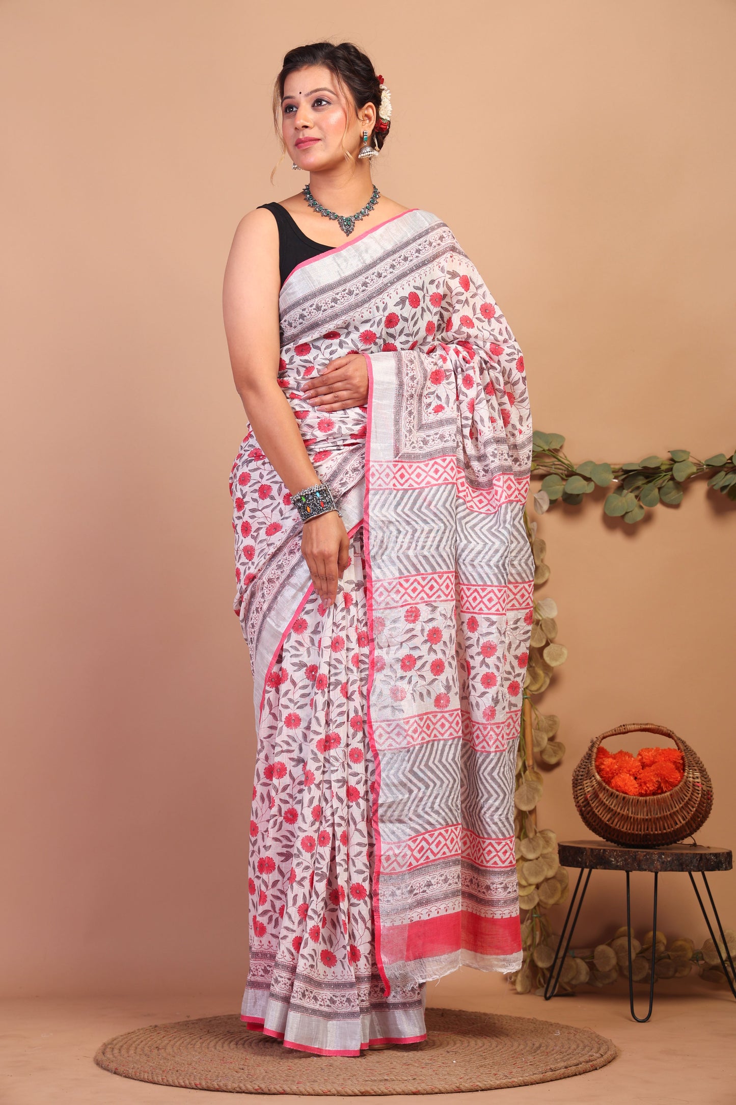Anuttara Bhagalpuri Multicolor Cotton Linen Hand Block Saree with Blouse_AFS1084-FS