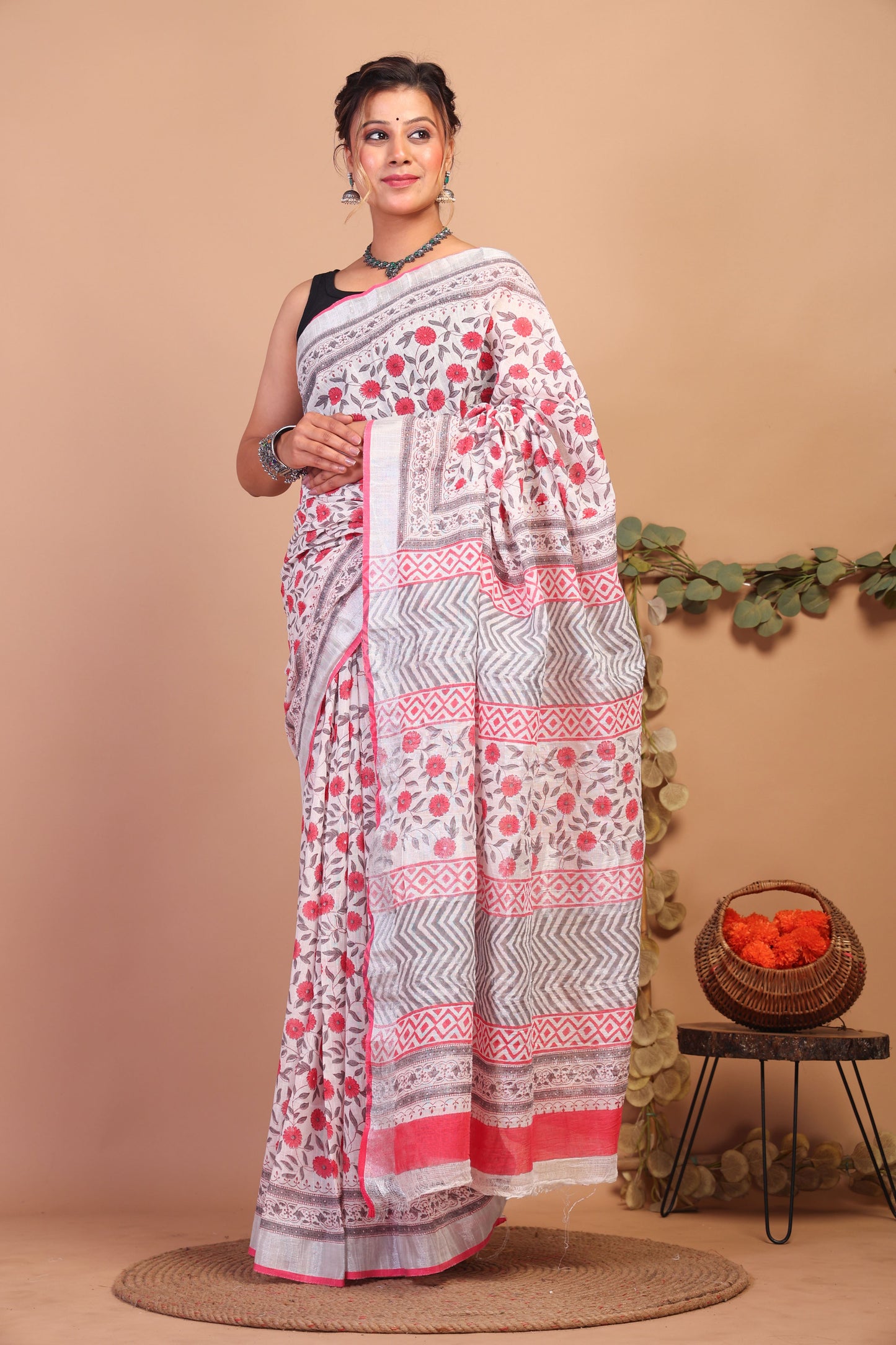 Anuttara Bhagalpuri Multicolor Cotton Linen Hand Block Saree with Blouse_AFS1084-FS
