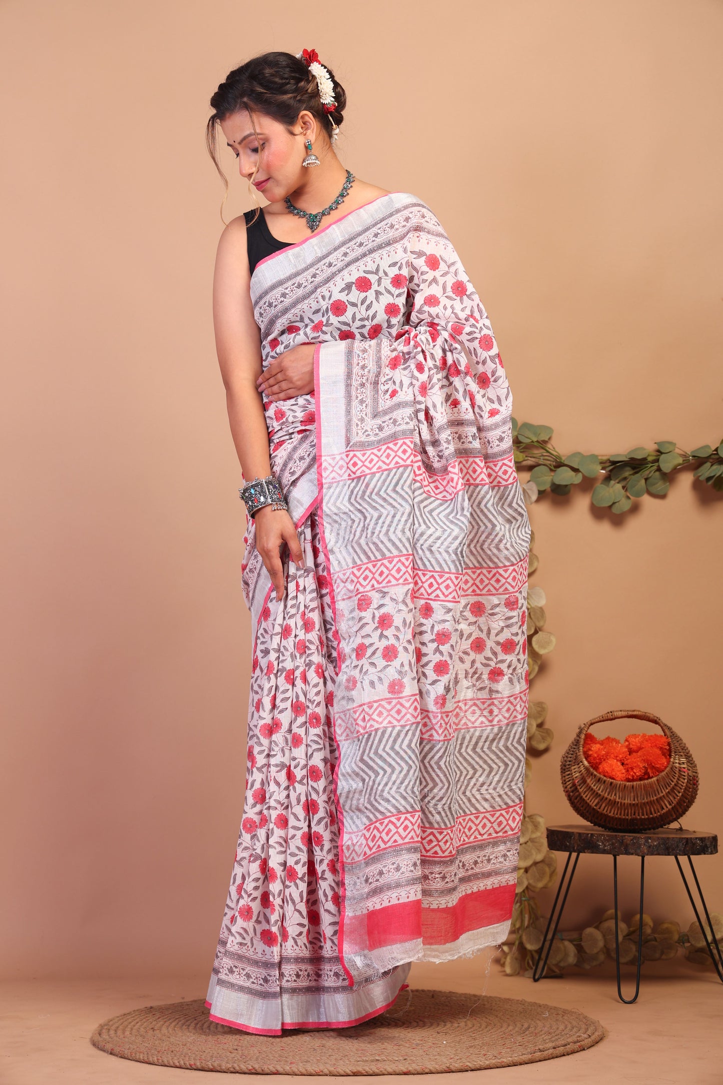 Anuttara Bhagalpuri Multicolor Cotton Linen Hand Block Saree with Blouse_AFS1084-FS