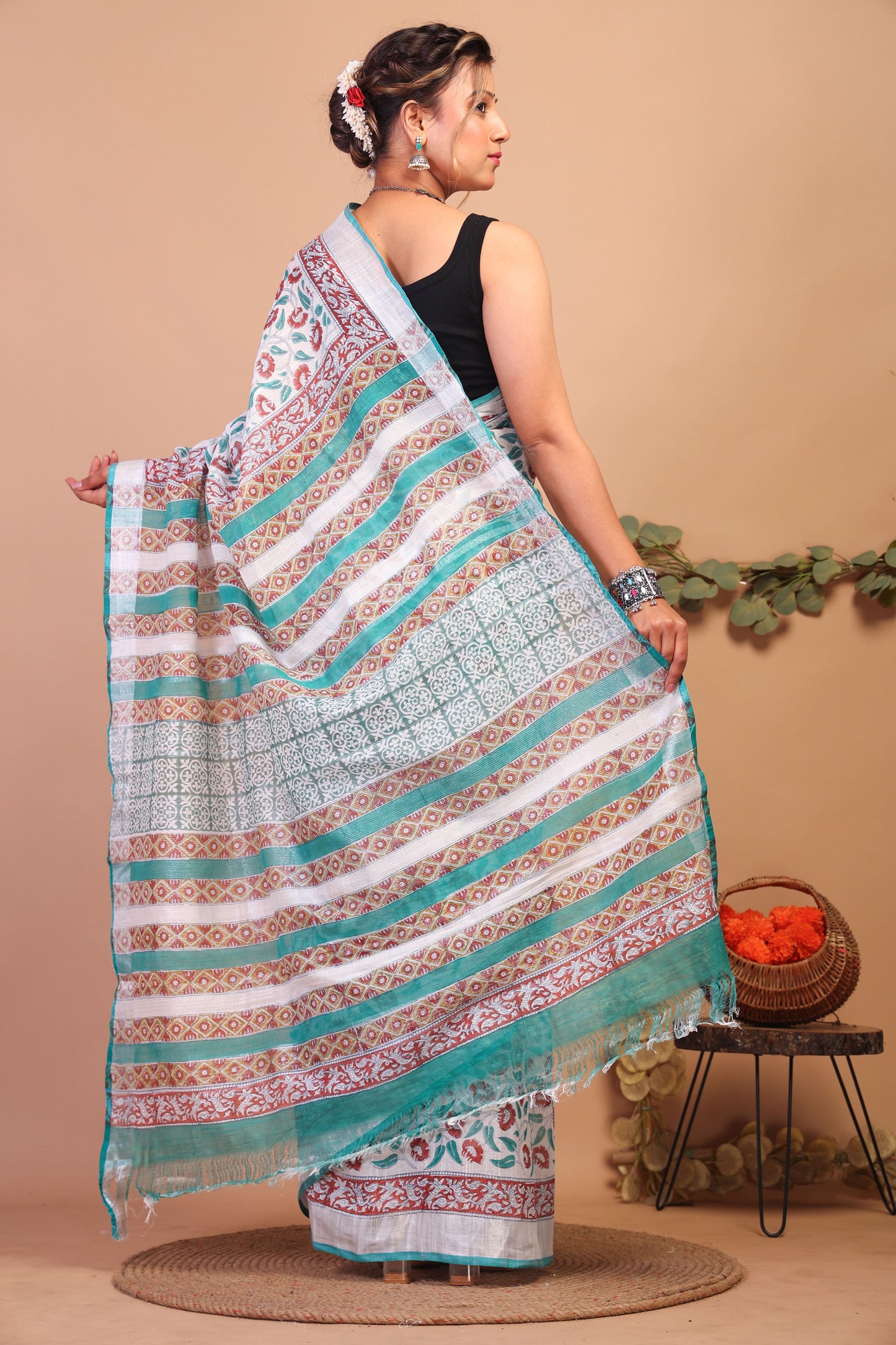 Anuttara Bhagalpuri Multicolor Cotton Linen Hand Block Saree with Blouse_AFS1085-FS