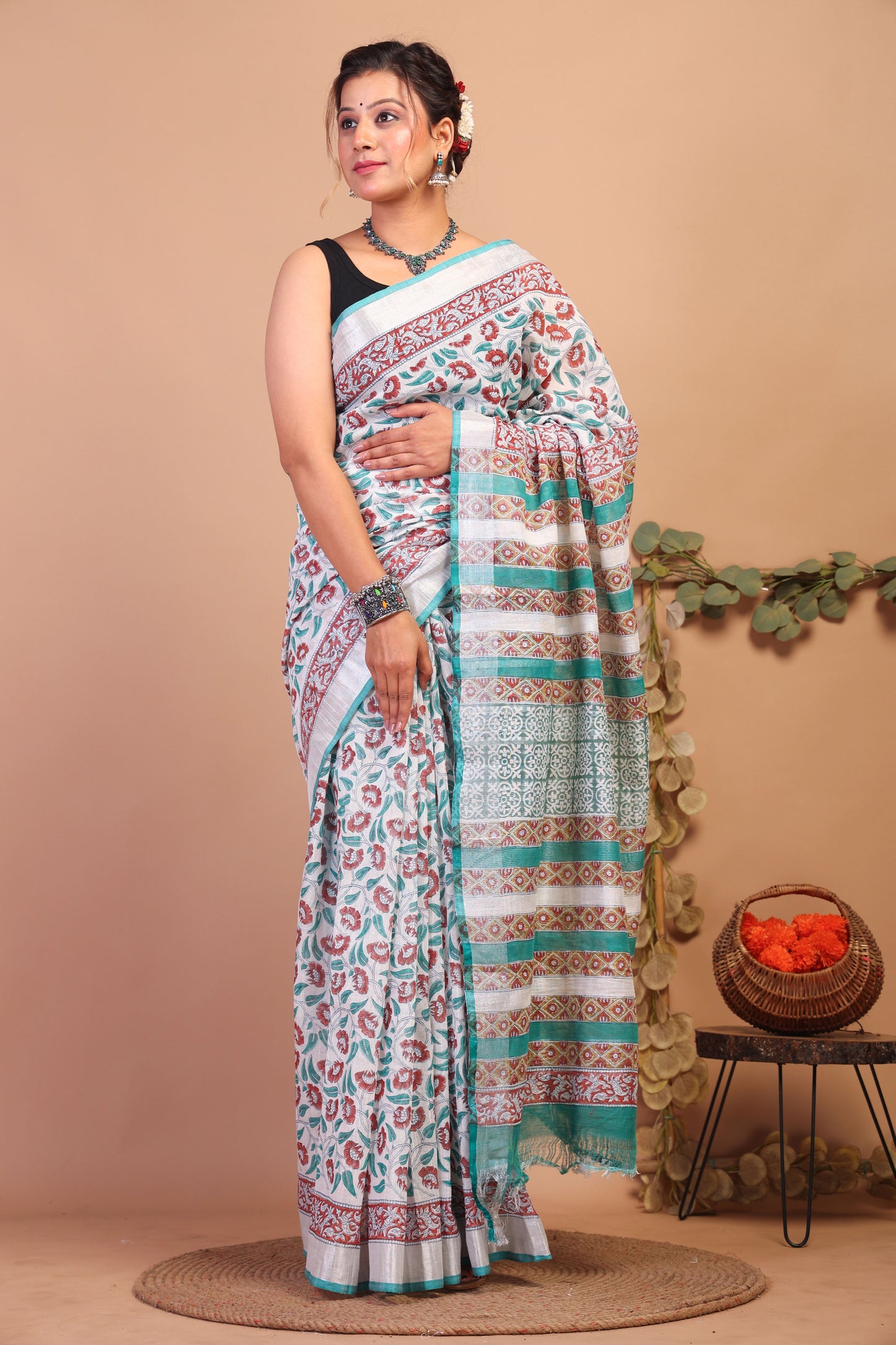 Anuttara Bhagalpuri Multicolor Cotton Linen Hand Block Saree with Blouse_AFS1085-FS