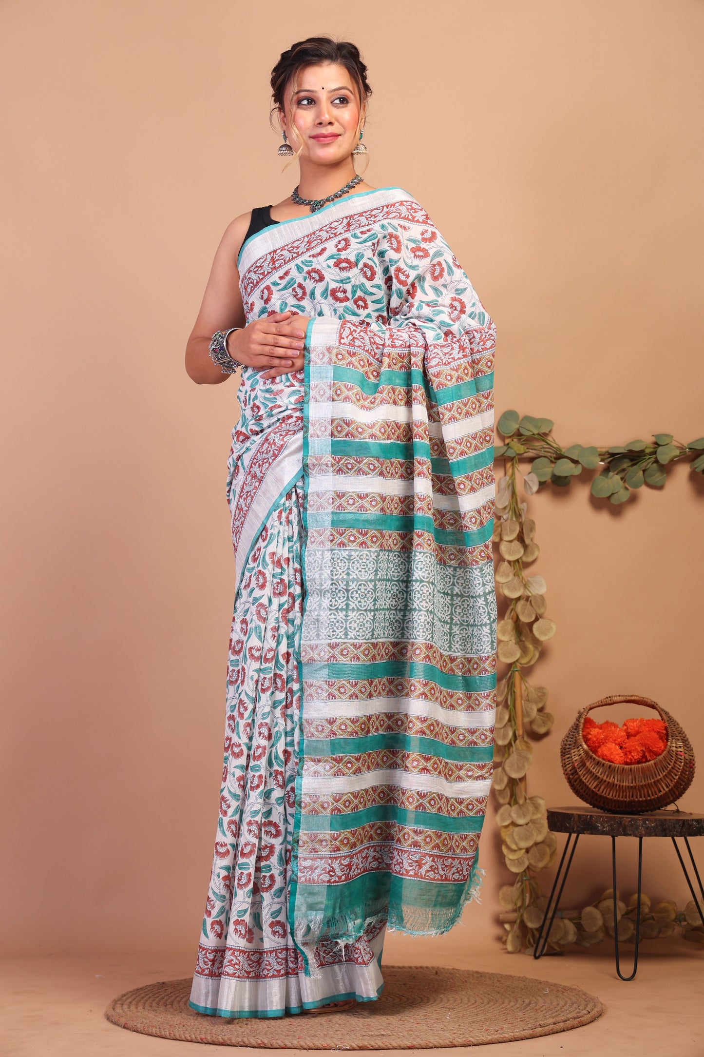 Anuttara Bhagalpuri Multicolor Cotton Linen Hand Block Saree with Blouse_AFS1085-FS