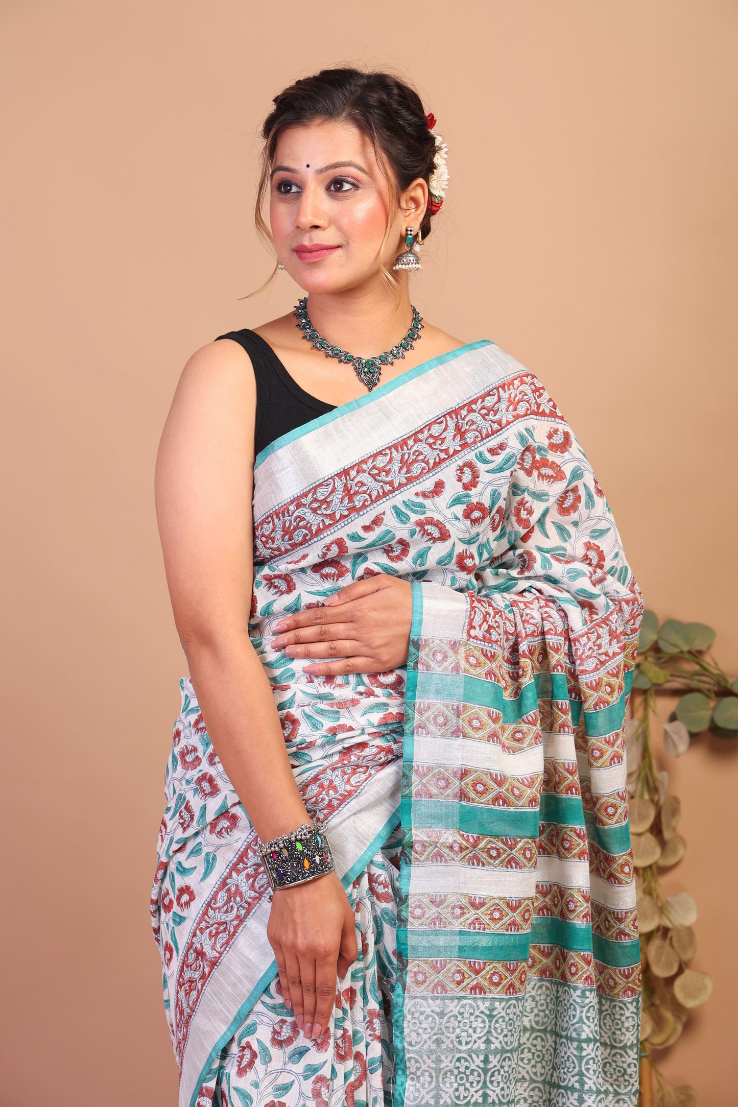 Anuttara Bhagalpuri Multicolor Cotton Linen Hand Block Saree with Blouse_AFS1085-FS
