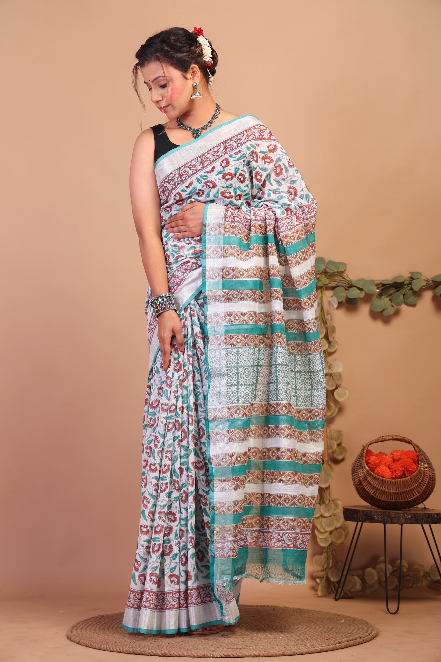 Anuttara Bhagalpuri Multicolor Cotton Linen Hand Block Saree with Blouse_AFS1085-FS