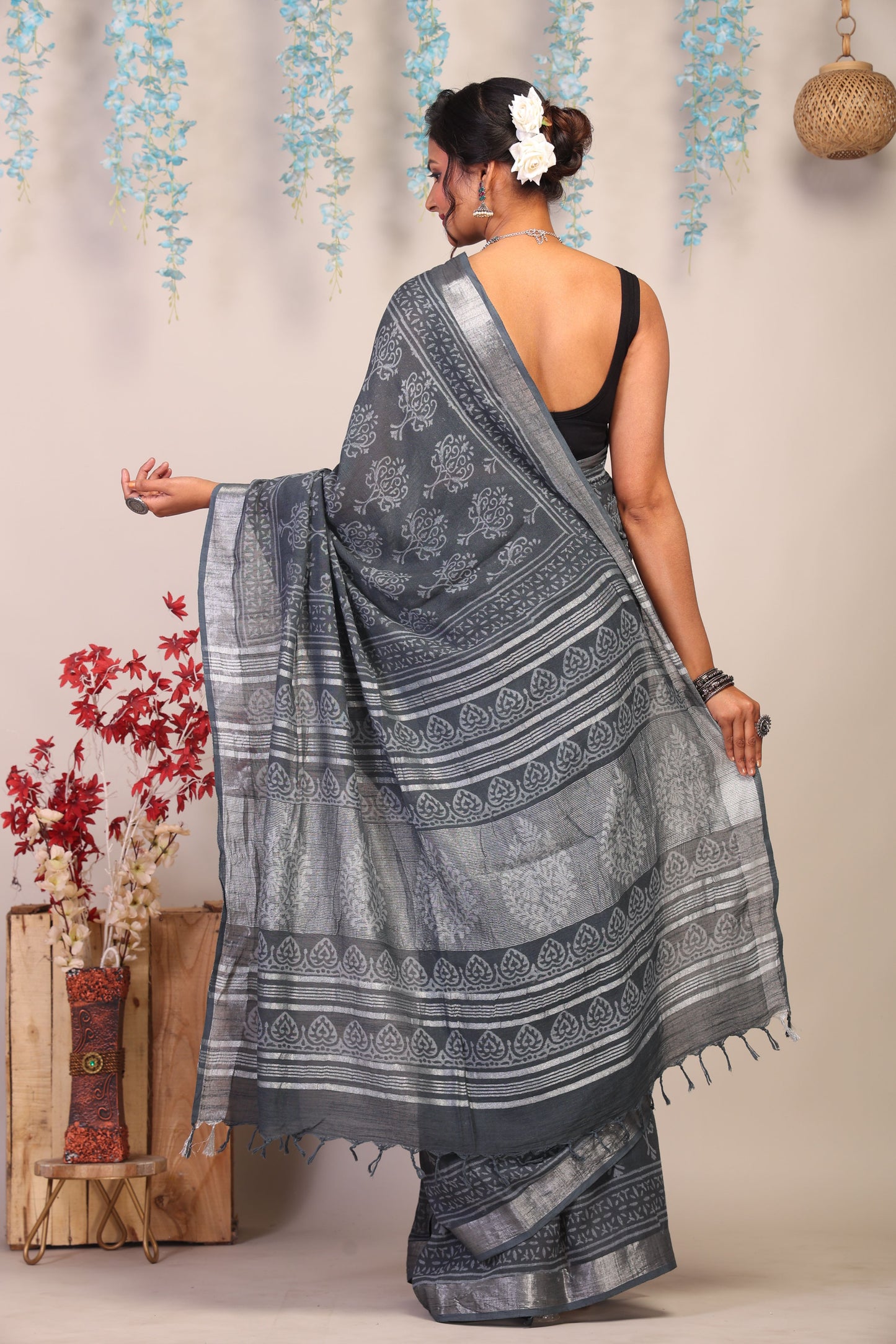Anuttara Bhagalpuri Gray Cotton Linen Hand Block Saree with Blouse_AFS1087-FS