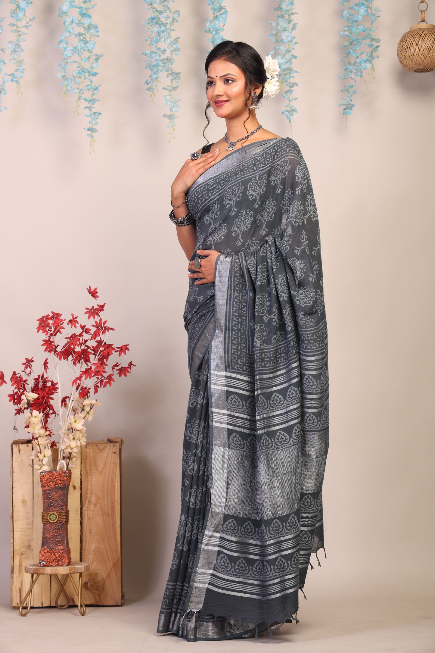 Anuttara Bhagalpuri Gray Cotton Linen Hand Block Saree with Blouse_AFS1087-FS