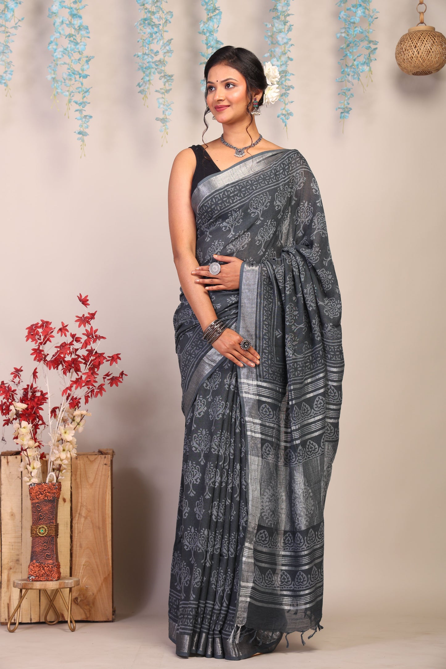 Anuttara Bhagalpuri Gray Cotton Linen Hand Block Saree with Blouse_AFS1087-FS