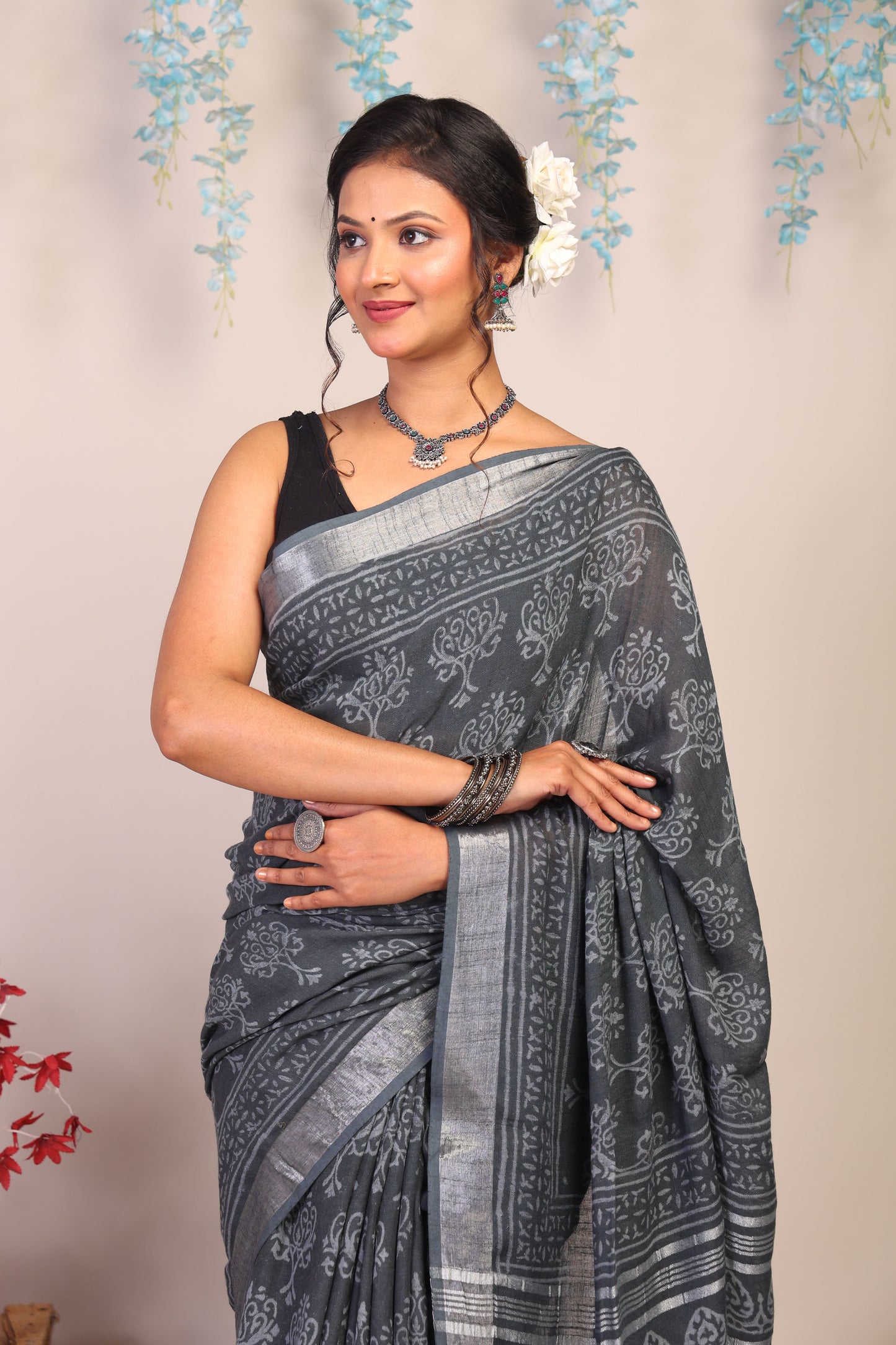 Anuttara Bhagalpuri Gray Cotton Linen Hand Block Saree with Blouse_AFS1087-FS